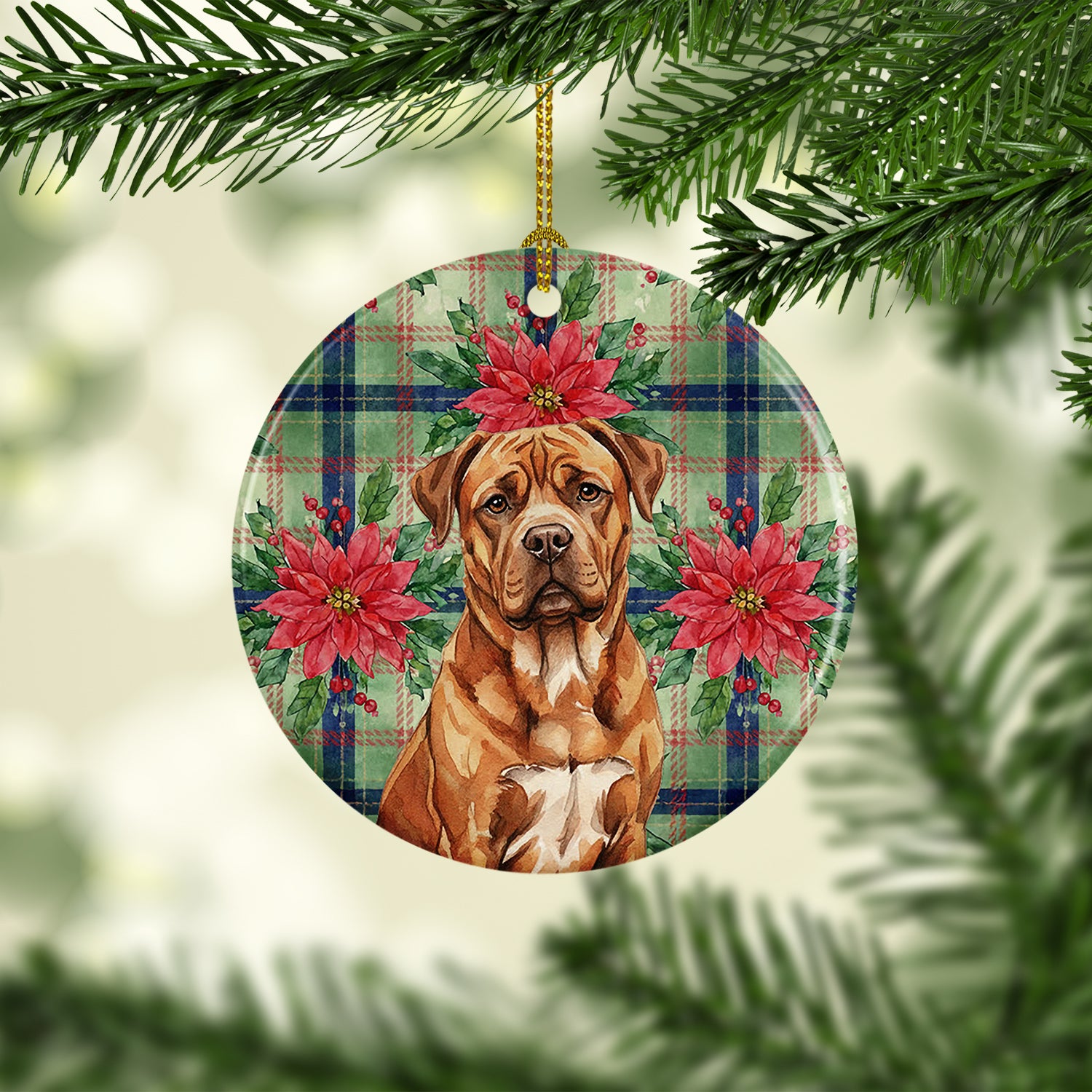 Caroline's Treasures Mahogany Dogue de Bordeaux Christmas PoinsettIas Ceramic Ornament