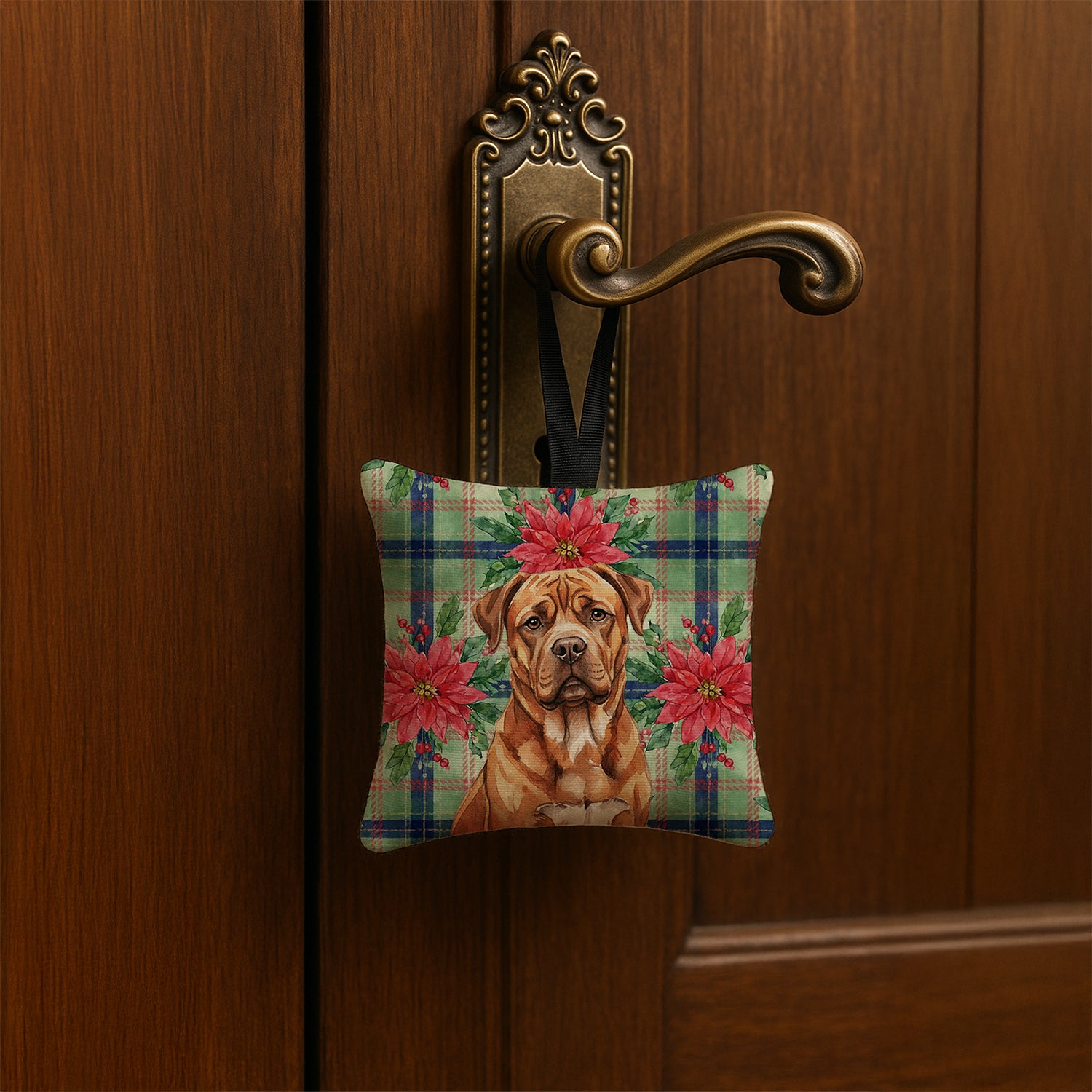 Caroline's Treasures Mahogany Dogue de Bordeaux Christmas PoinsettIas Hanging Square Fabric Ornament 3.5 x 3.5