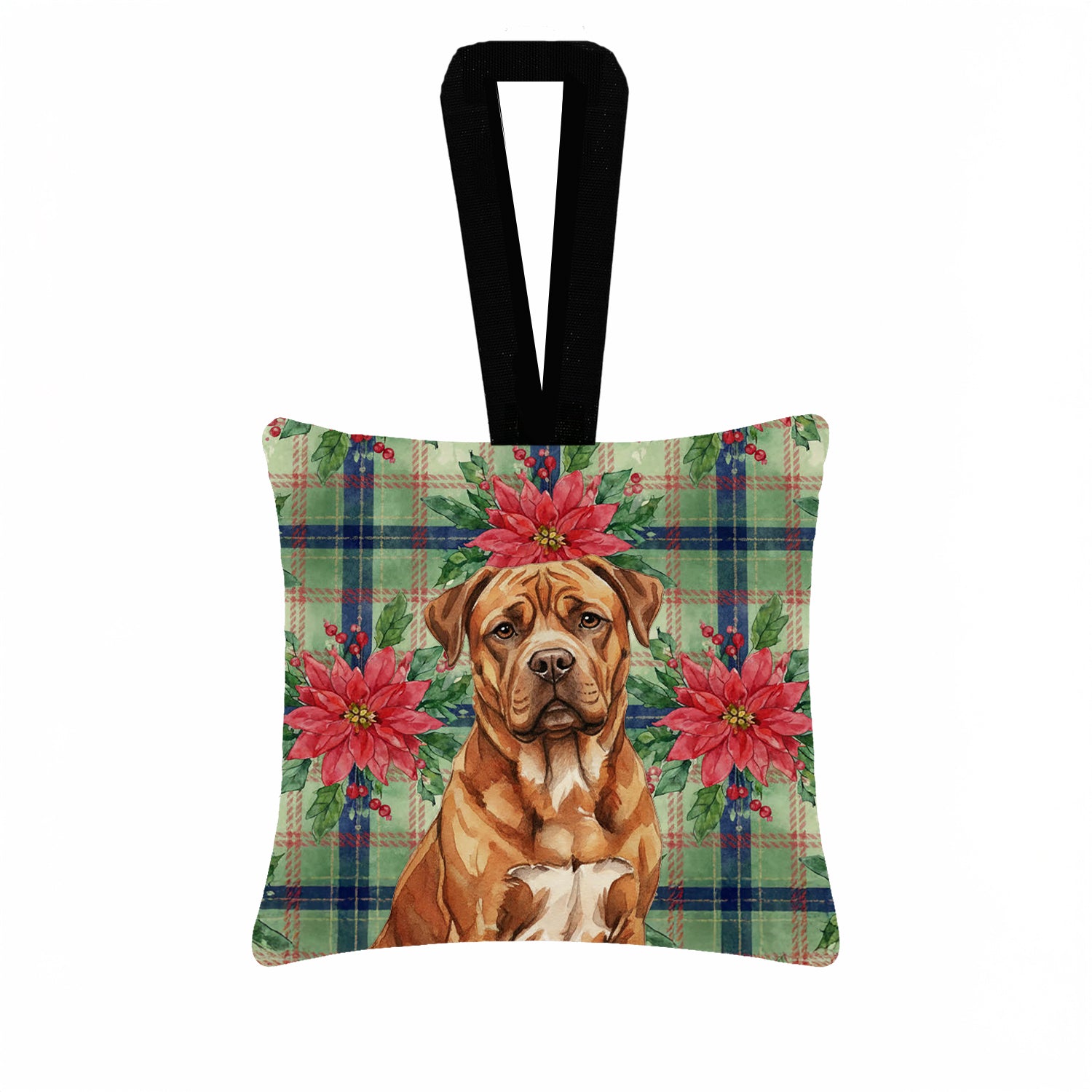 Caroline's Treasures Mahogany Dogue de Bordeaux Christmas PoinsettIas Hanging Square Fabric Ornament 3.5 x 3.5