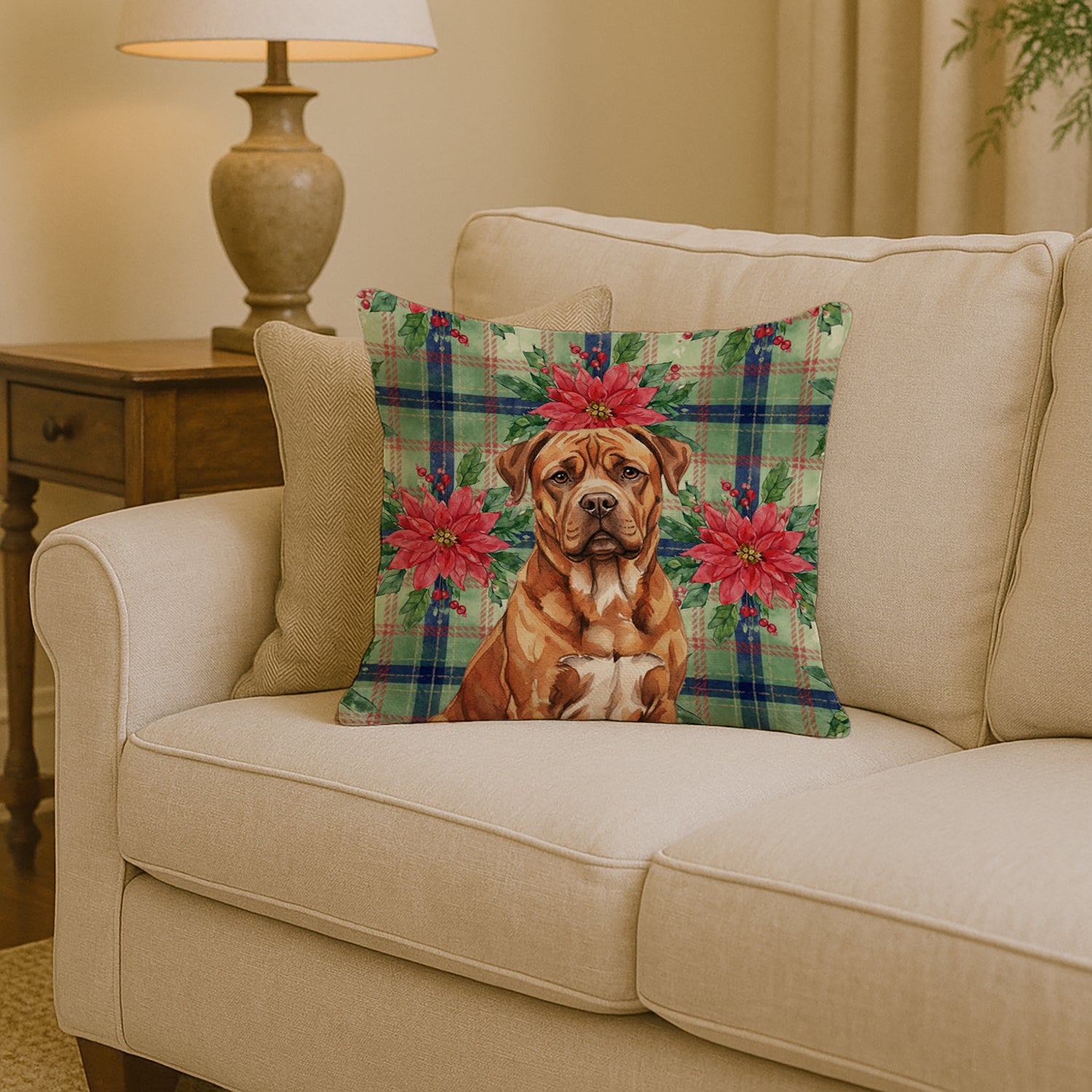 Caroline's Treasures Mahogany Dogue de Bordeaux Christmas PoinsettIas Throw Pillow