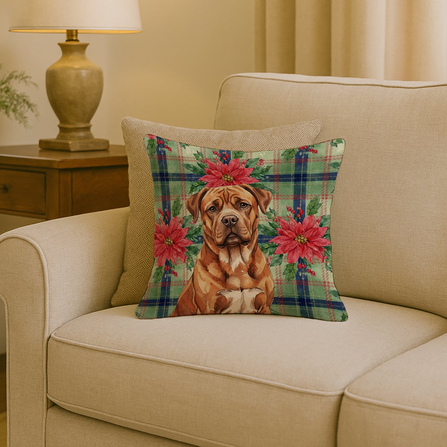 Caroline's Treasures Mahogany Dogue de Bordeaux Christmas PoinsettIas Throw Pillow