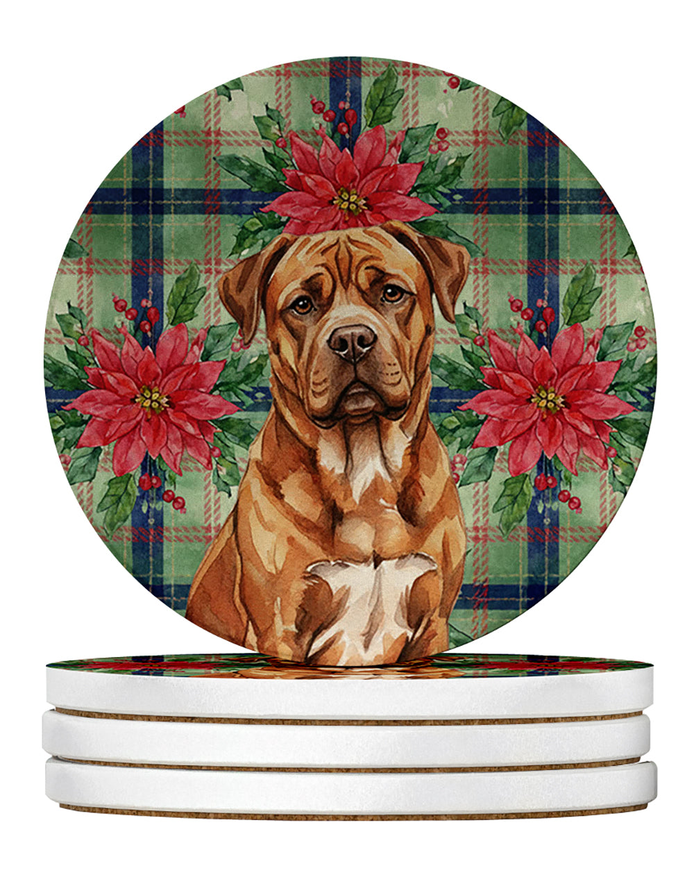 Caroline's Treasures Mahogany Dogue de Bordeaux Christmas PoinsettIas Large Sandstone Coasters Pack of 4