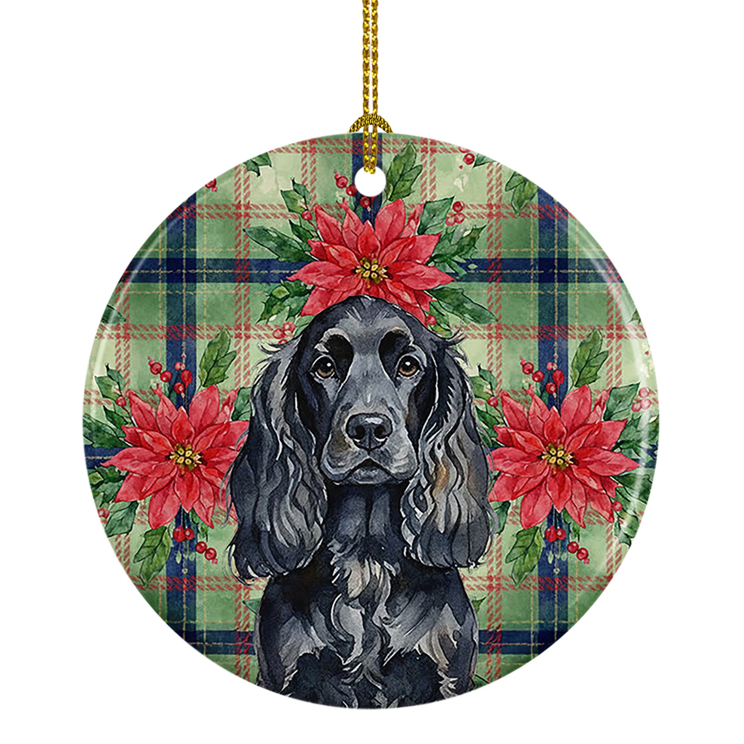 Caroline's Treasures Black English Cocker Spaniel Christmas PoinsettIas Ceramic Ornament