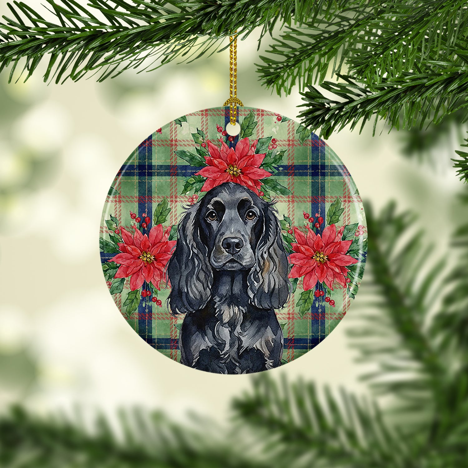Caroline's Treasures Black English Cocker Spaniel Christmas PoinsettIas Ceramic Ornament