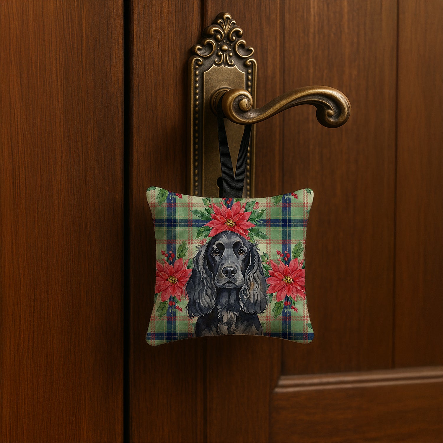 Caroline's Treasures Black English Cocker Spaniel Christmas PoinsettIas Hanging Square Fabric Ornament 3.5 x 3.5