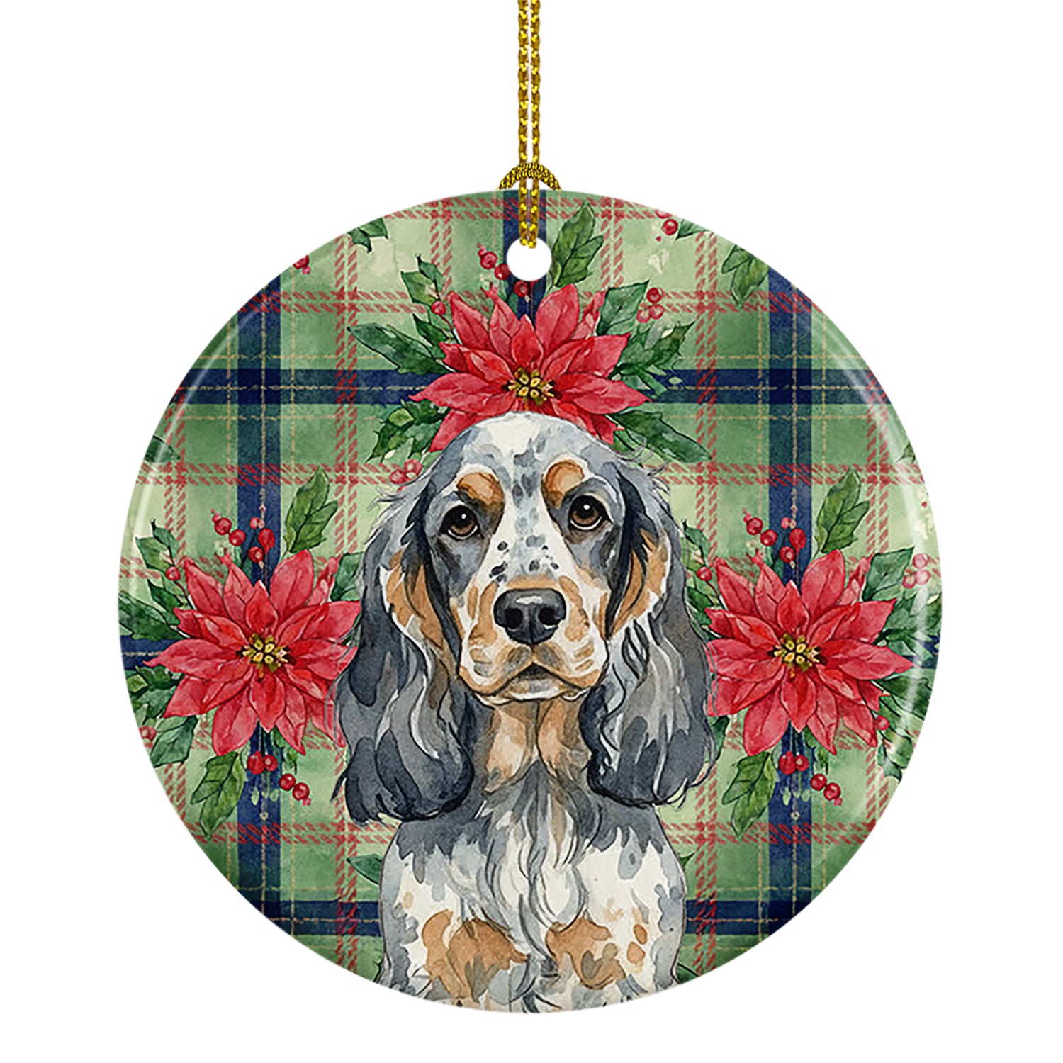 Caroline's Treasures Blue Roan & Tan English Cocker Spaniel Christmas PoinsettIas Ceramic Ornament