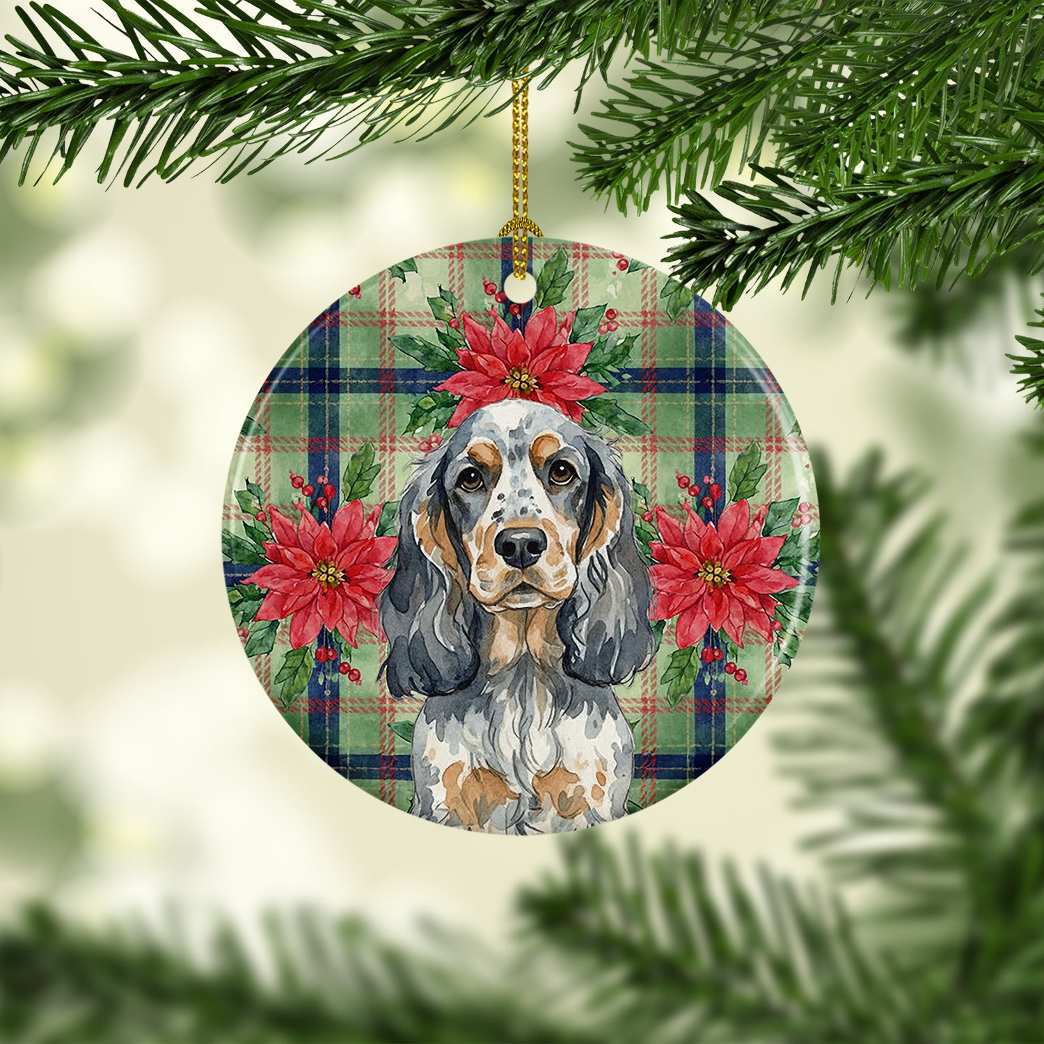 Caroline's Treasures Blue Roan & Tan English Cocker Spaniel Christmas PoinsettIas Ceramic Ornament