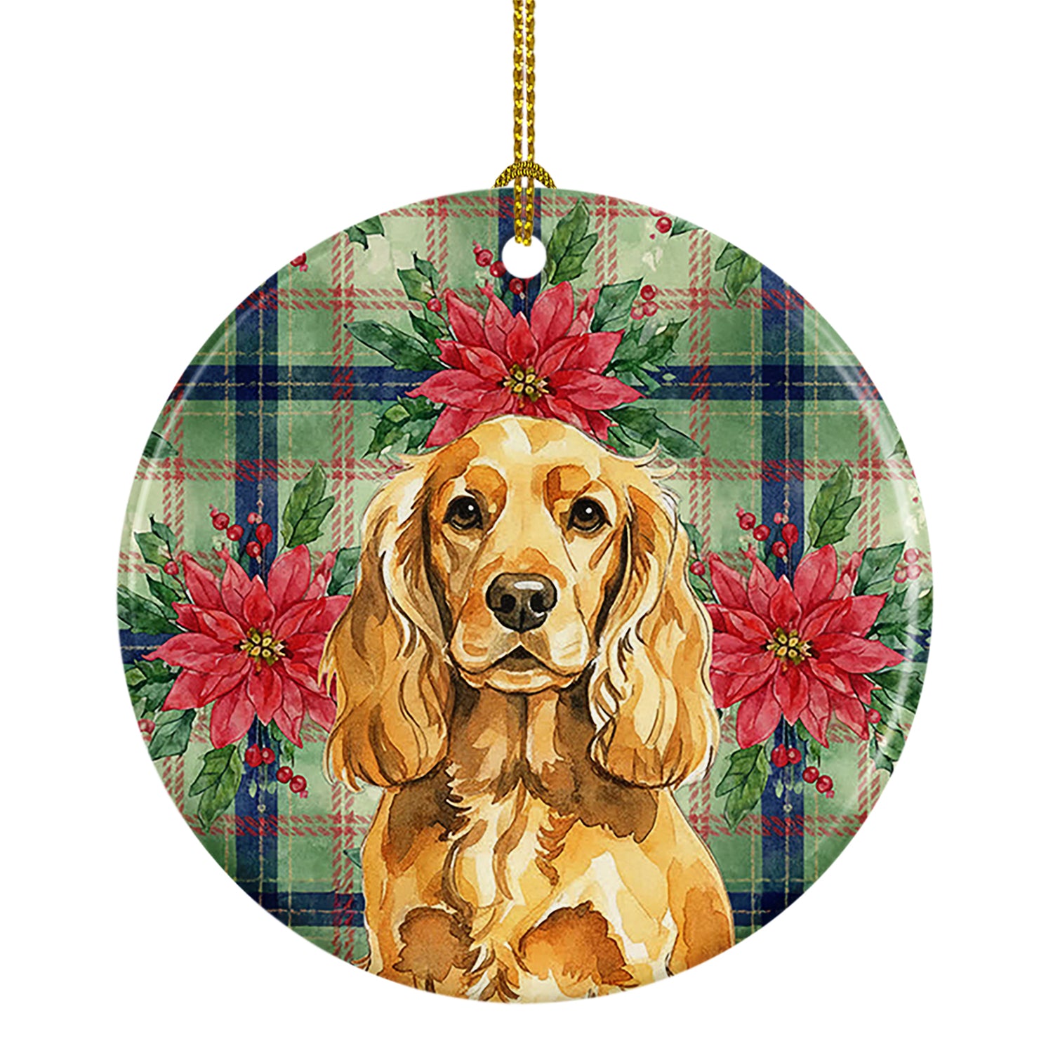 Caroline's Treasures Golden English Cocker Spaniel Christmas PoinsettIas Ceramic Ornament