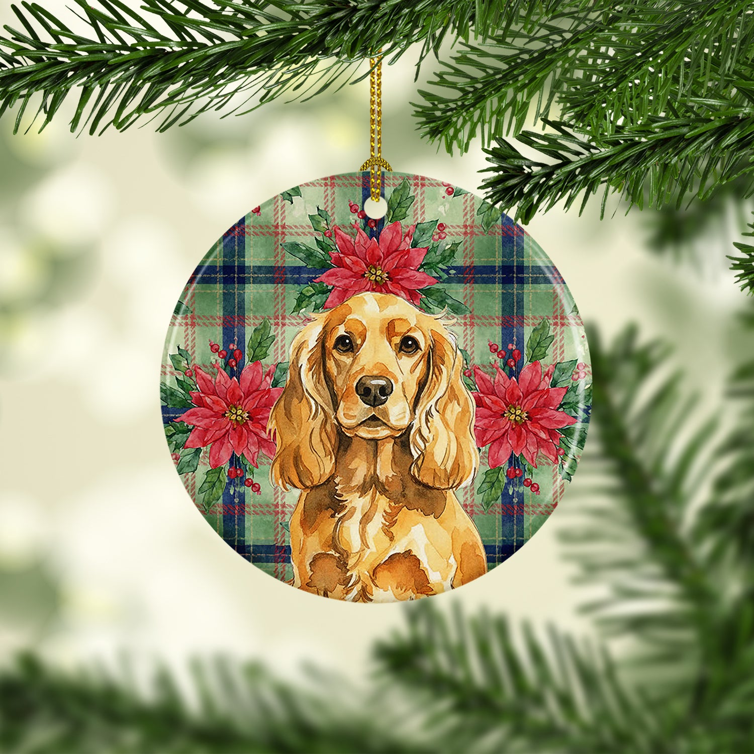 Caroline's Treasures Golden English Cocker Spaniel Christmas PoinsettIas Ceramic Ornament
