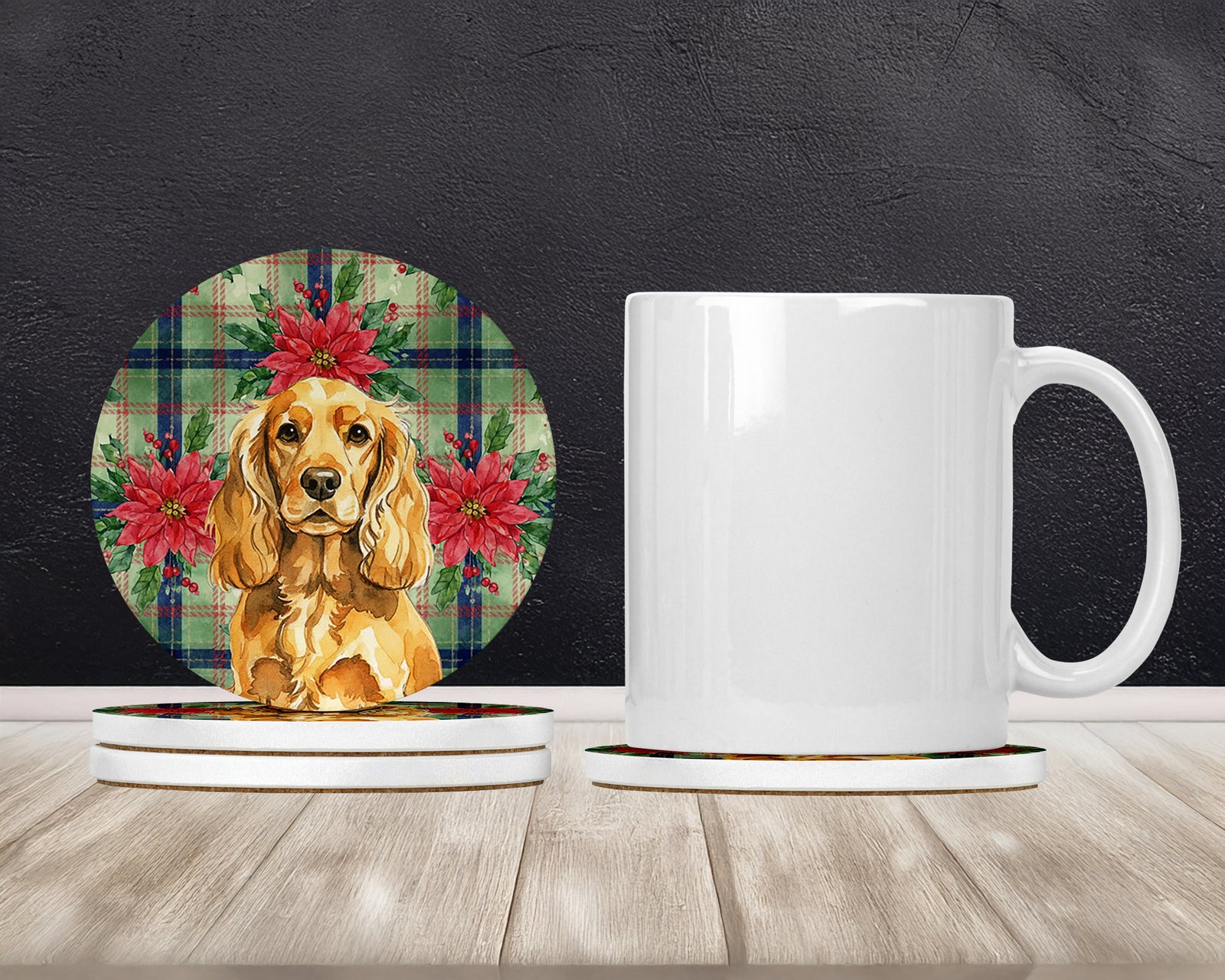 Caroline's Treasures Golden English Cocker Spaniel Christmas PoinsettIas Large Sandstone Coasters Pack of 4
