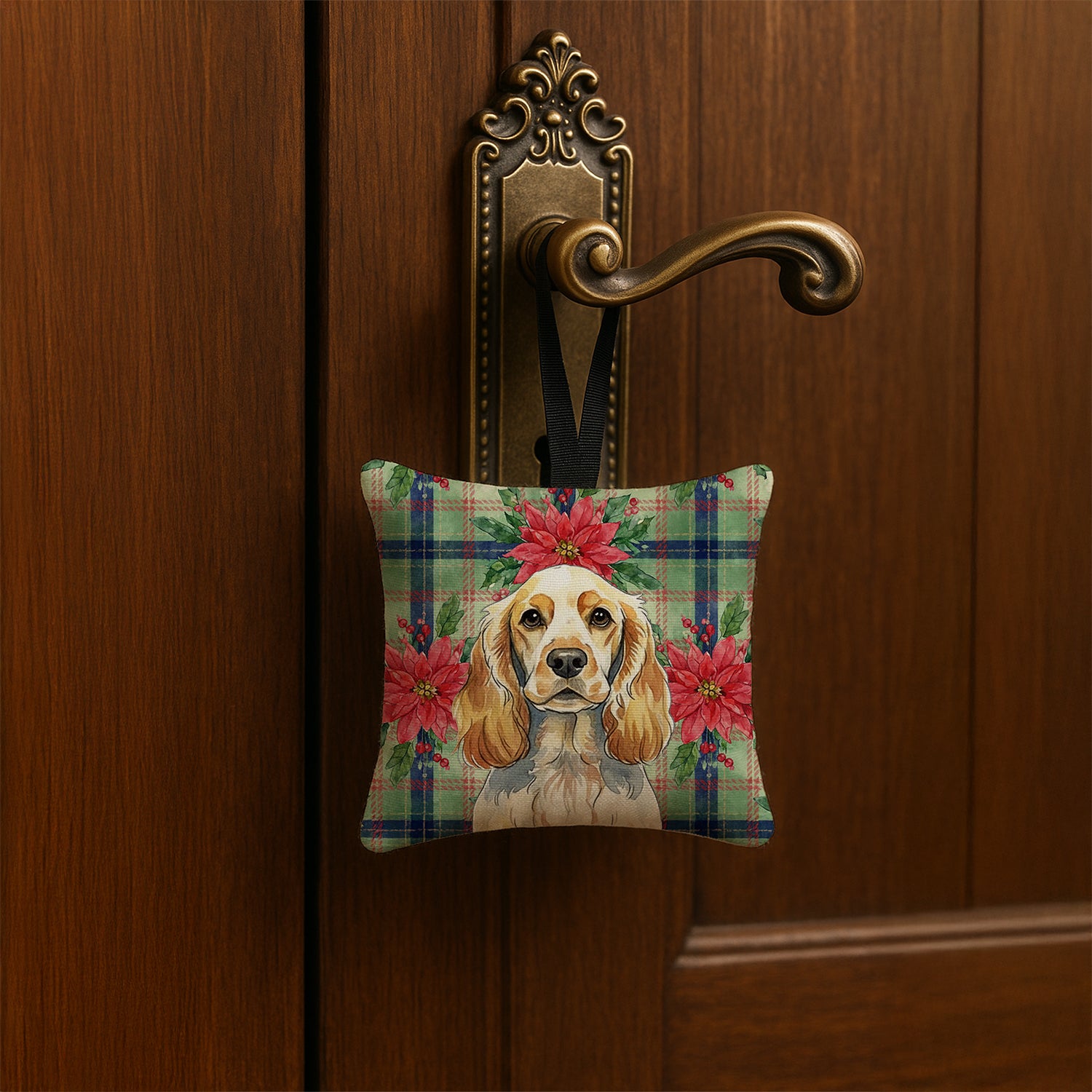 Caroline's Treasures Lemon Roan English Cocker Spaniel Christmas PoinsettIas Hanging Square Fabric Ornament 3.5 x 3.5