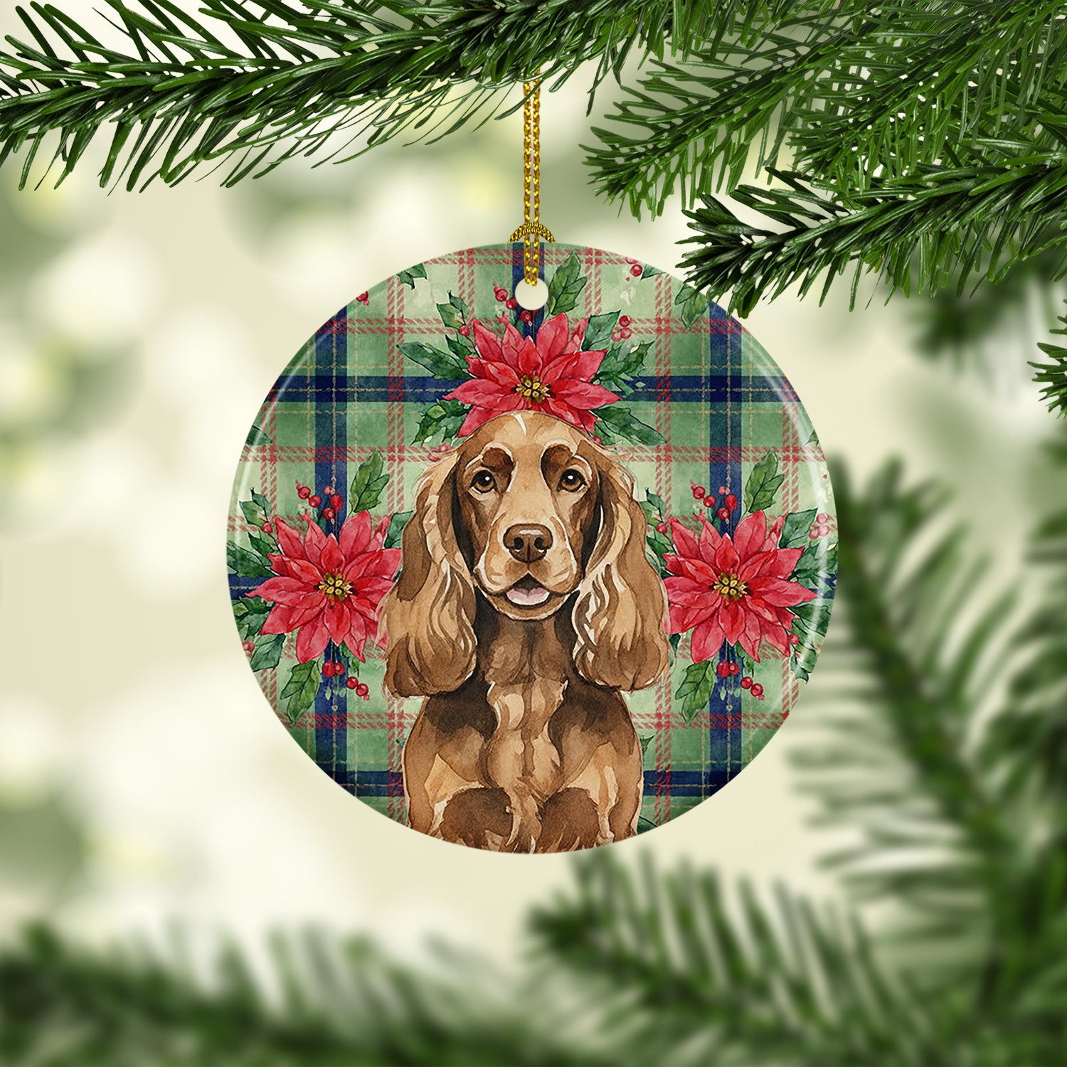 Caroline's Treasures Liver English Cocker Spaniel Christmas PoinsettIas Ceramic Ornament