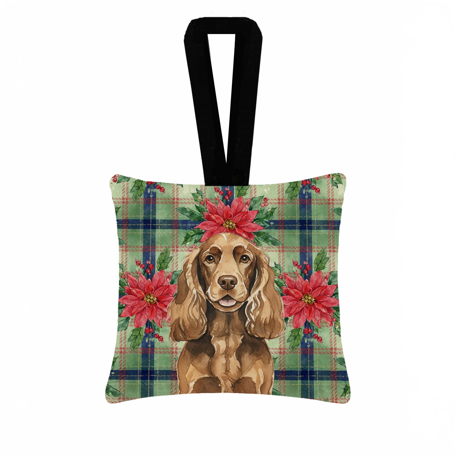 Caroline's Treasures Liver English Cocker Spaniel Christmas PoinsettIas Hanging Square Fabric Ornament 3.5 x 3.5