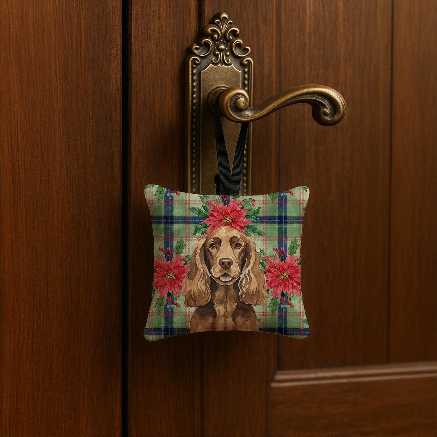Caroline's Treasures Liver English Cocker Spaniel Christmas PoinsettIas Hanging Square Fabric Ornament 3.5 x 3.5