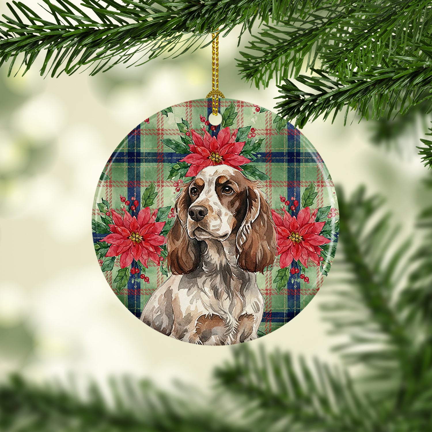 Caroline's Treasures Liver Roan English Cocker Spaniel Christmas PoinsettIas Ceramic Ornament