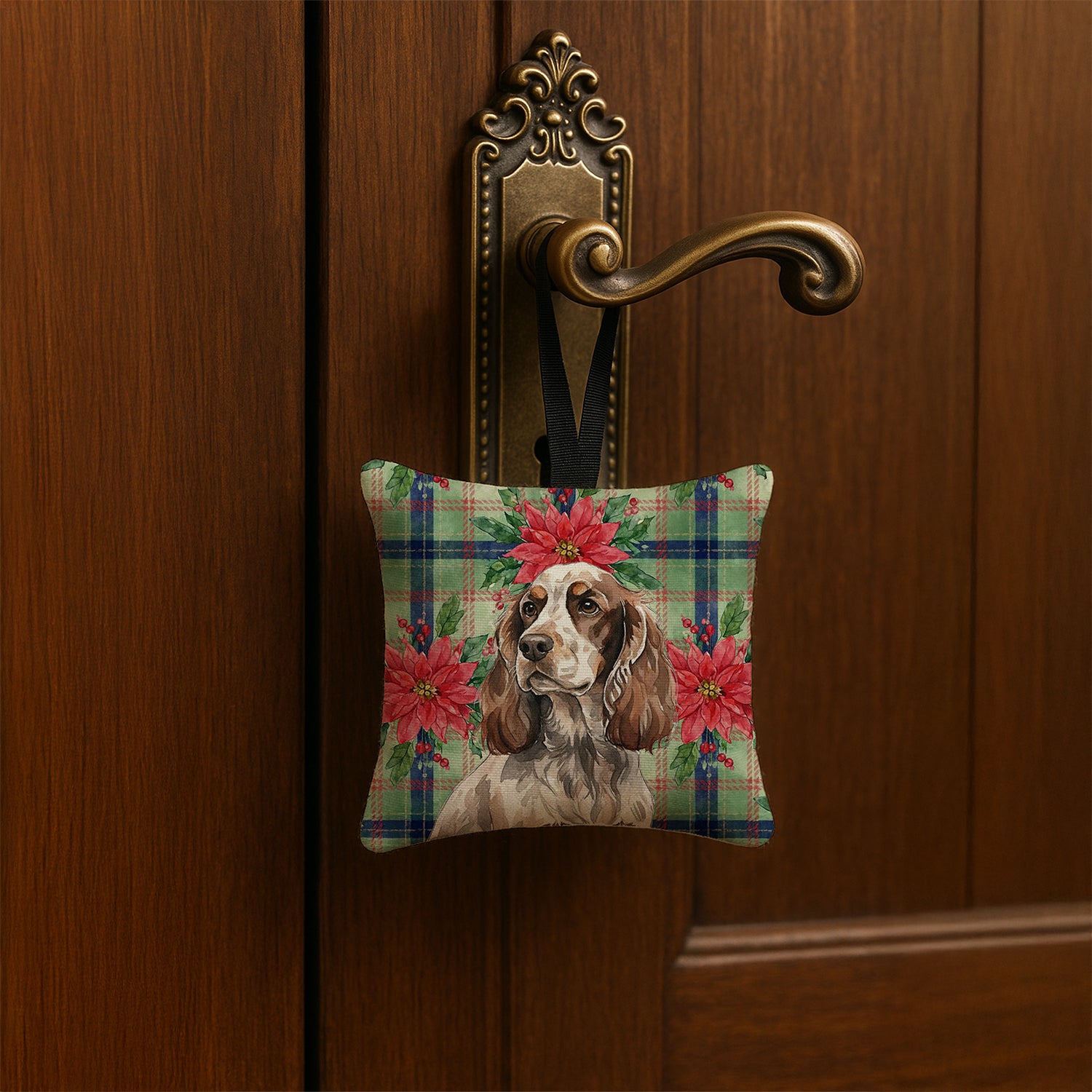 Caroline's Treasures Liver Roan English Cocker Spaniel Christmas PoinsettIas Hanging Square Fabric Ornament 3.5 x 3.5