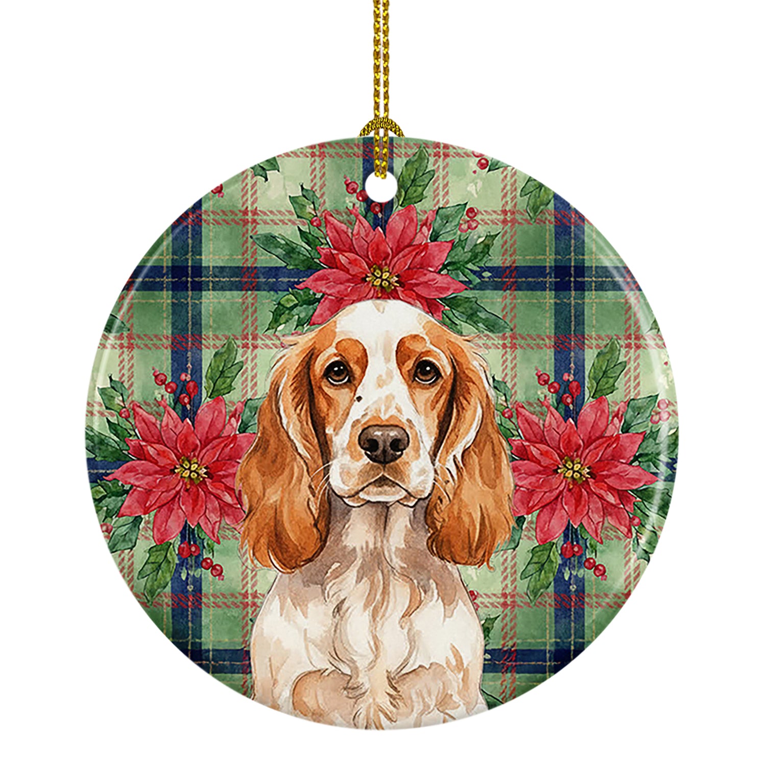 Caroline's Treasures Orange Roan English Cocker Spaniel Christmas PoinsettIas Ceramic Ornament