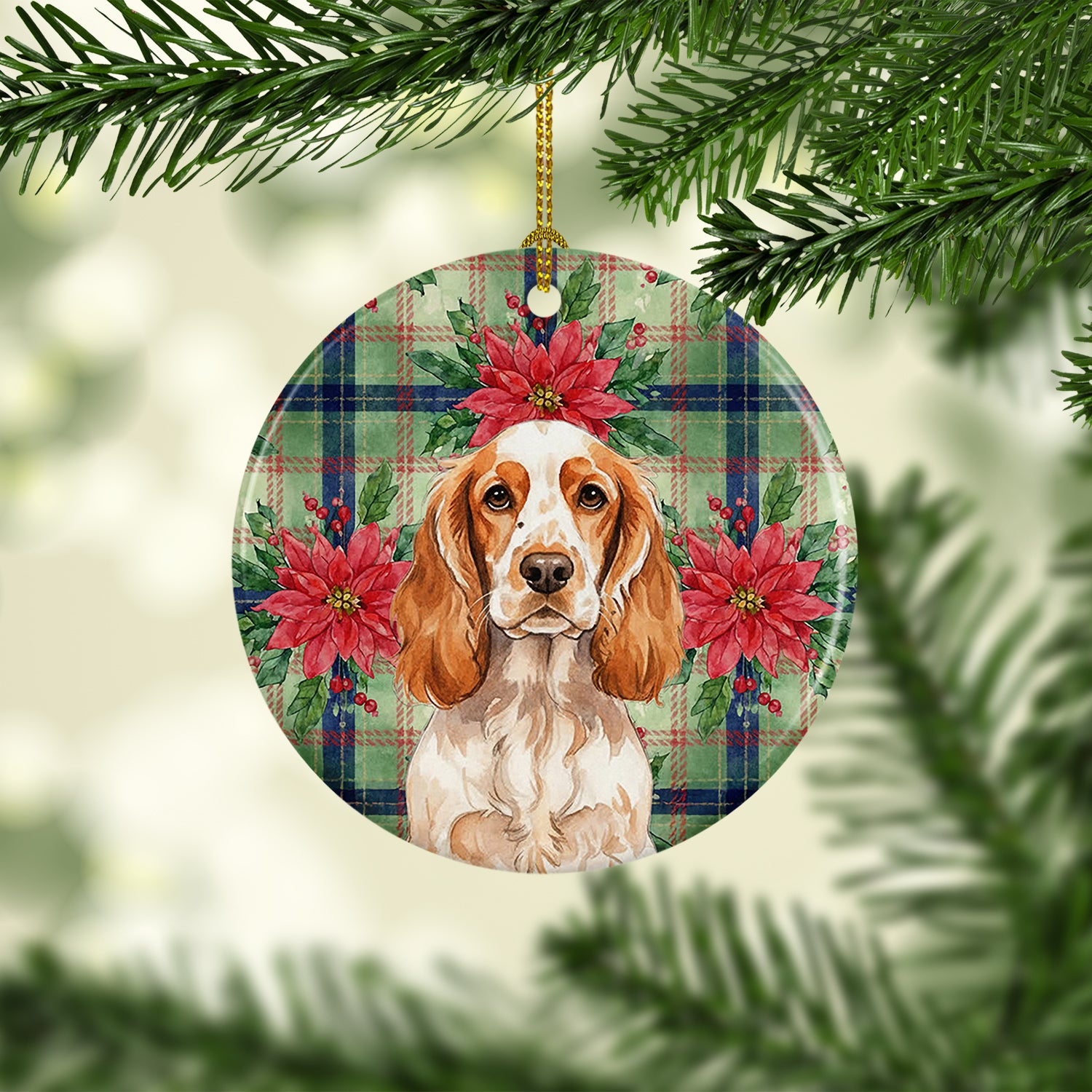Caroline's Treasures Orange Roan English Cocker Spaniel Christmas PoinsettIas Ceramic Ornament