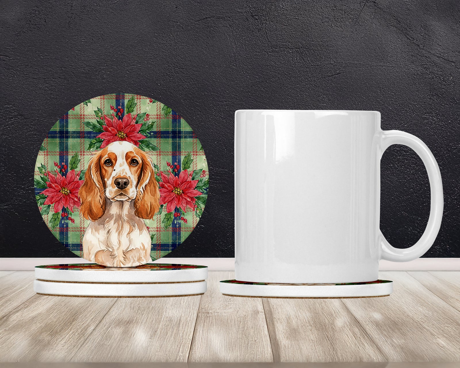 Caroline's Treasures Orange Roan English Cocker Spaniel Christmas PoinsettIas Large Sandstone Coasters Pack of 4