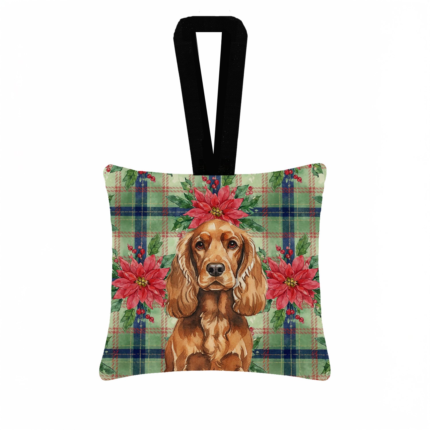 Caroline's Treasures Red English Cocker Spaniel Christmas PoinsettIas Hanging Square Fabric Ornament 3.5 x 3.5