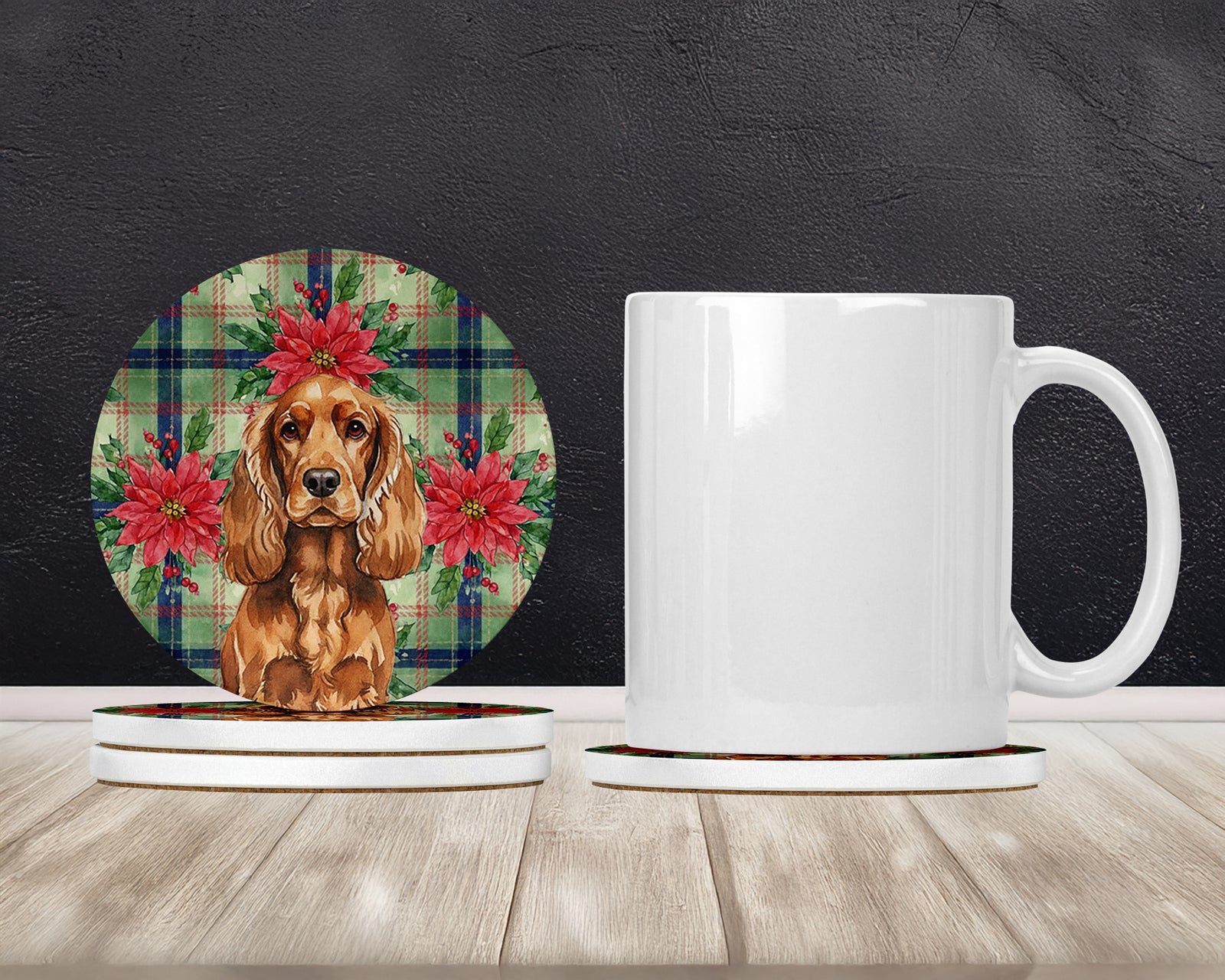 Caroline's Treasures Red English Cocker Spaniel Christmas PoinsettIas Large Sandstone Coasters Pack of 4