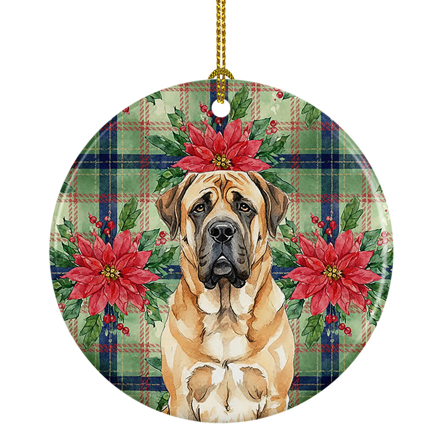 Caroline's Treasures Apricot English Mastiff Christmas PoinsettIas Ceramic Ornament