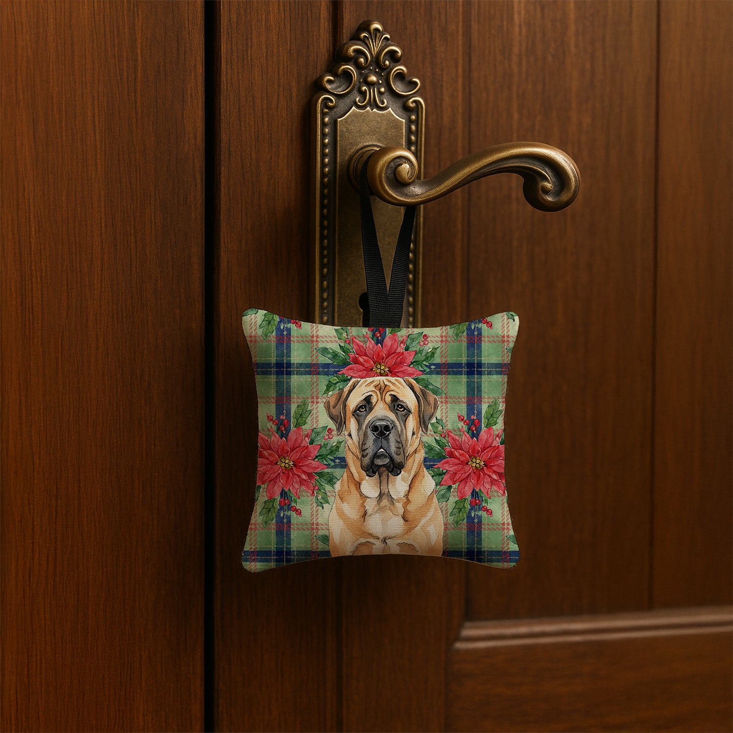 Caroline's Treasures Apricot English Mastiff Christmas PoinsettIas Hanging Square Fabric Ornament 3.5 x 3.5