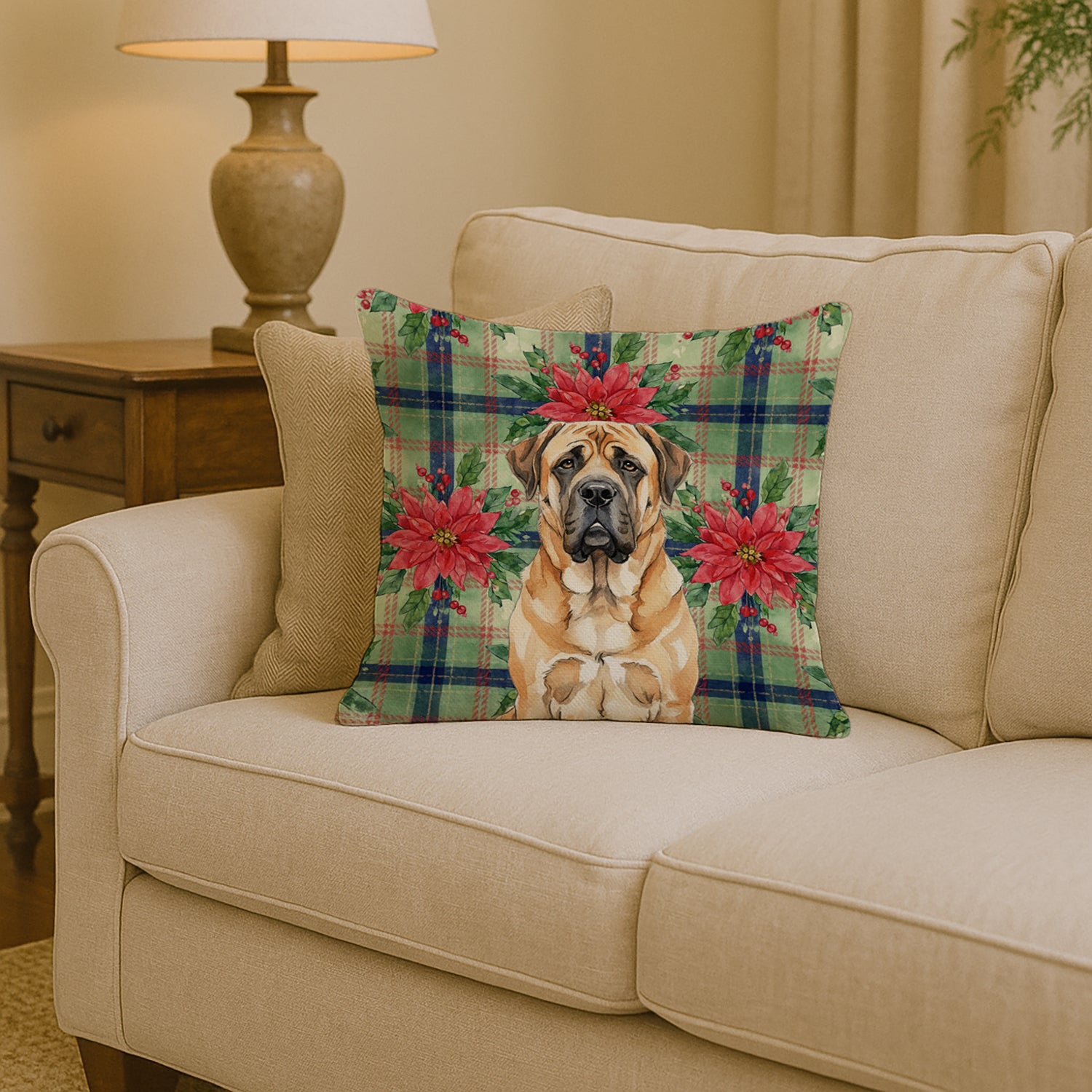 Caroline's Treasures Apricot English Mastiff Christmas PoinsettIas Throw Pillow
