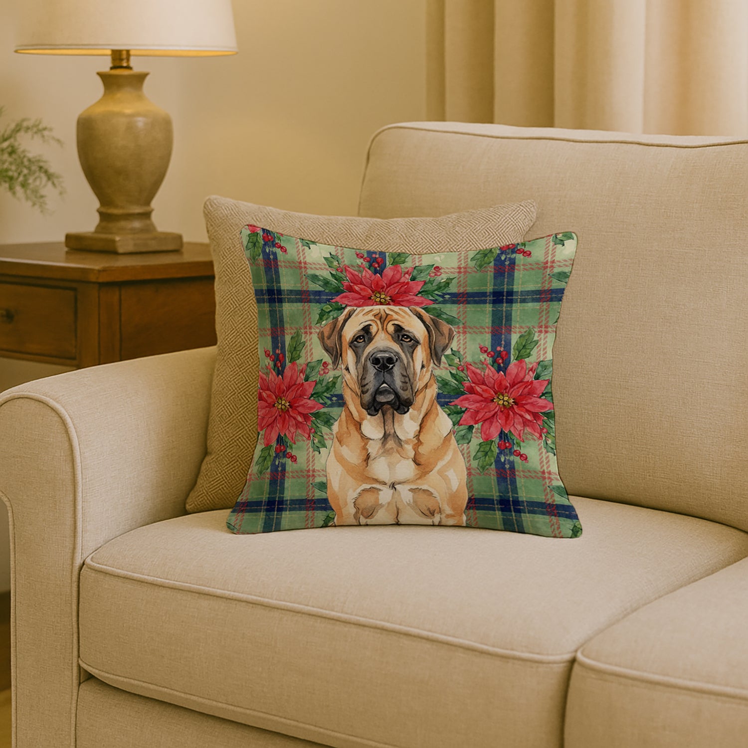 Caroline's Treasures Apricot English Mastiff Christmas PoinsettIas Throw Pillow
