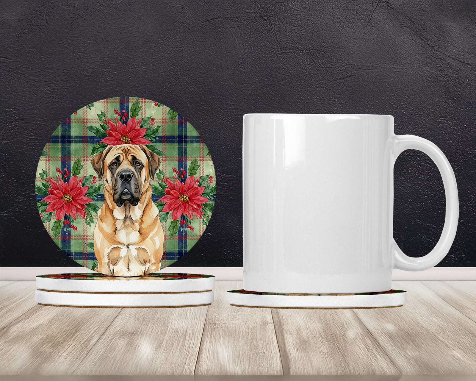 Caroline's Treasures Apricot English Mastiff Christmas PoinsettIas Large Sandstone Coasters Pack of 4