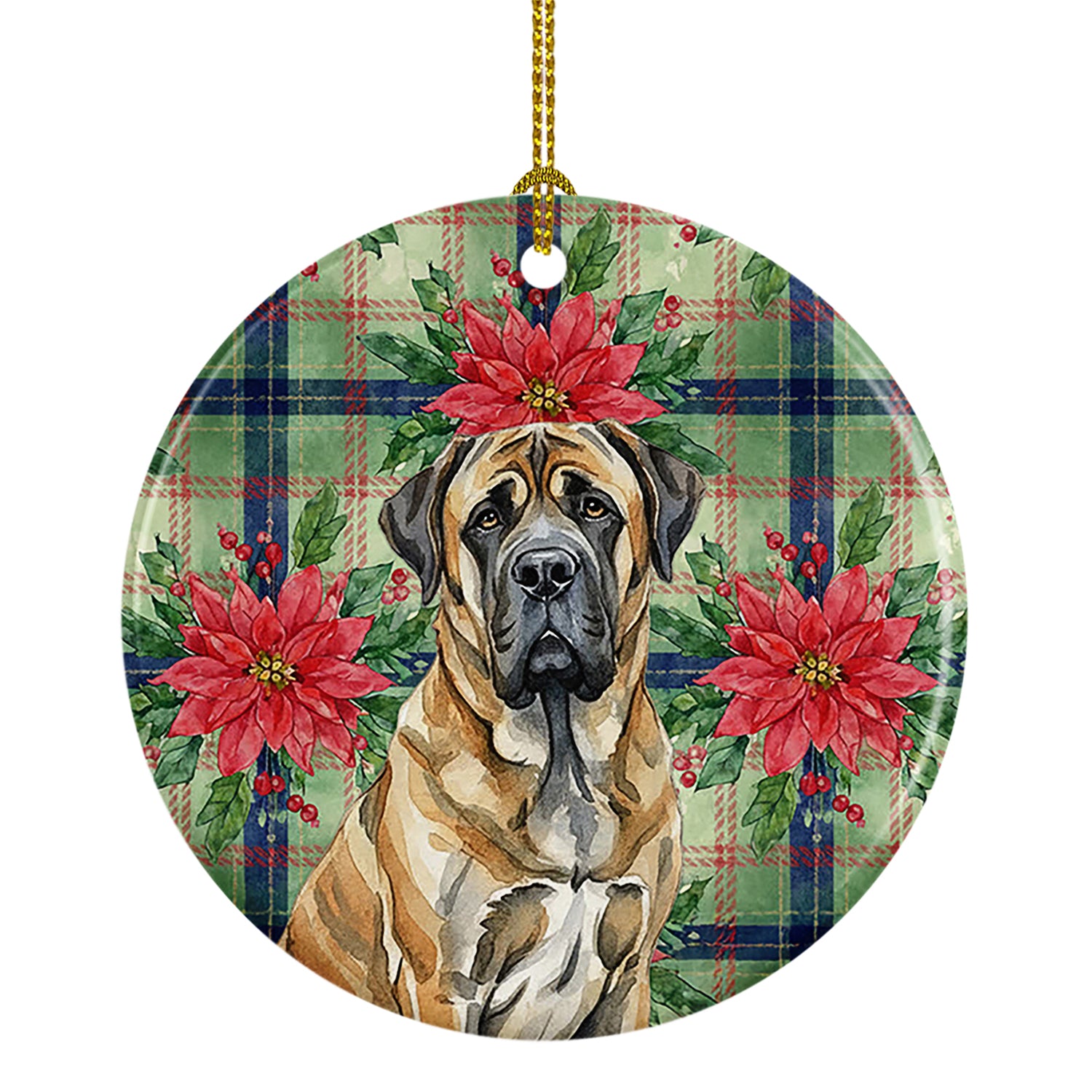 Caroline's Treasures Brindle English Mastiff Christmas PoinsettIas Ceramic Ornament