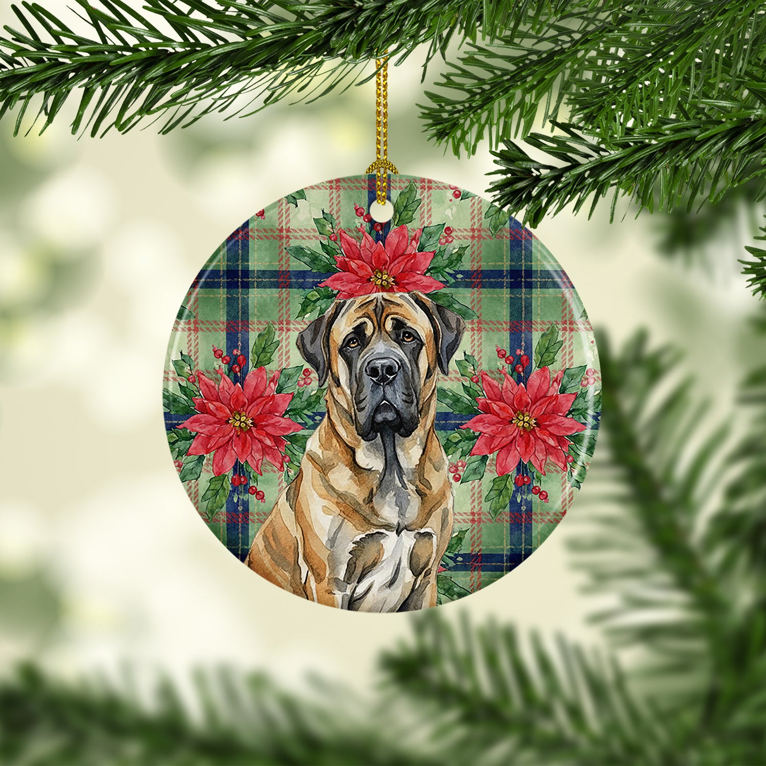 Caroline's Treasures Brindle English Mastiff Christmas PoinsettIas Ceramic Ornament
