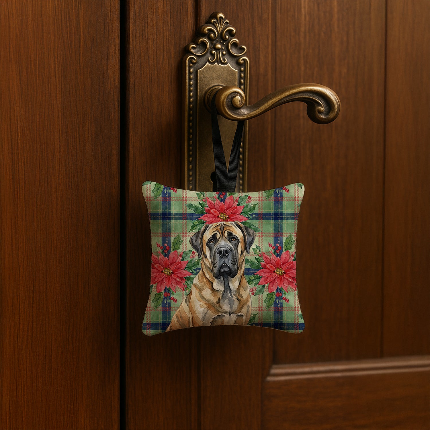 Caroline's Treasures Brindle English Mastiff Christmas PoinsettIas Hanging Square Fabric Ornament 3.5 x 3.5