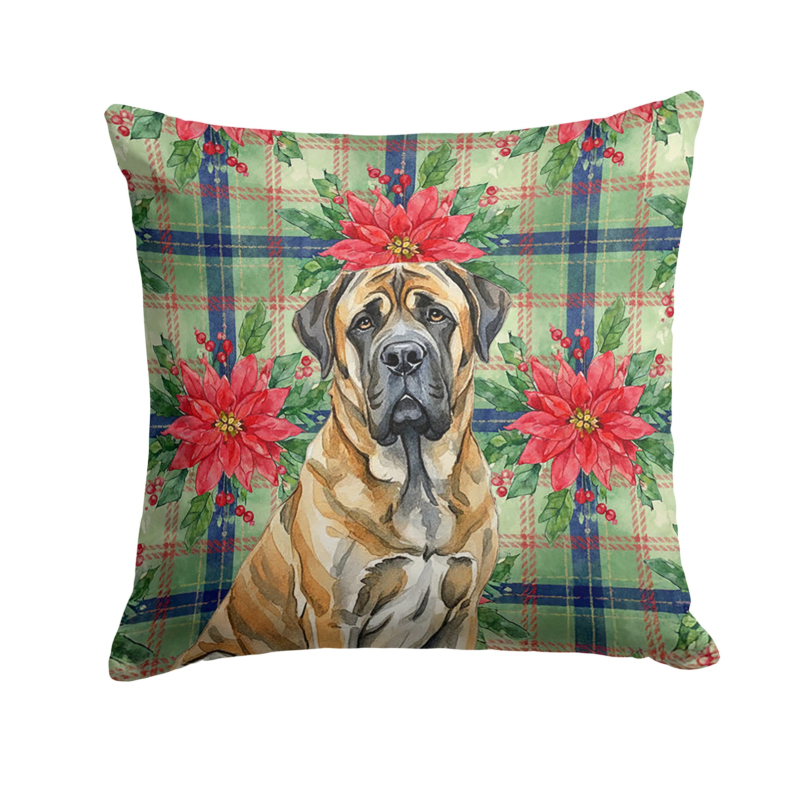 Caroline's Treasures Brindle English Mastiff Christmas PoinsettIas Throw Pillow