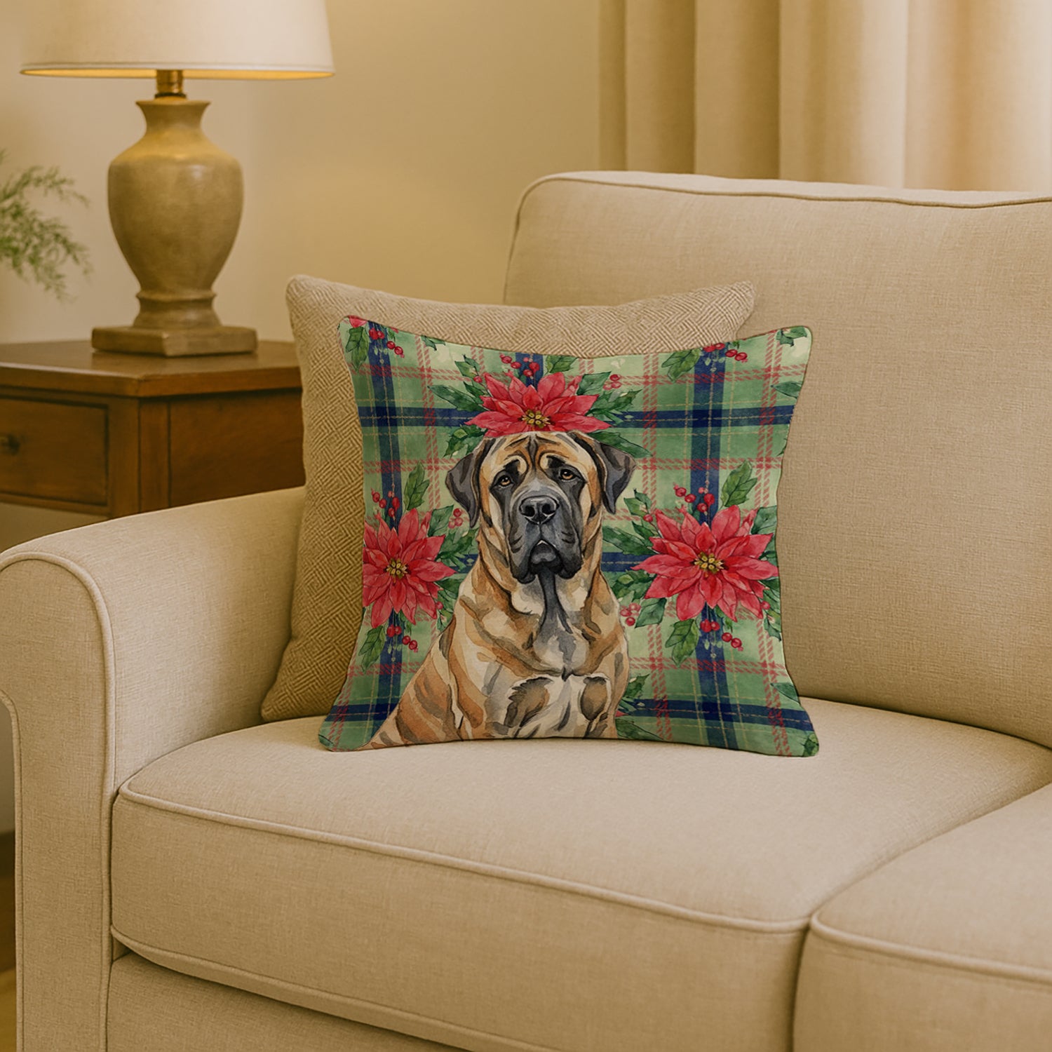 Caroline's Treasures Brindle English Mastiff Christmas PoinsettIas Throw Pillow
