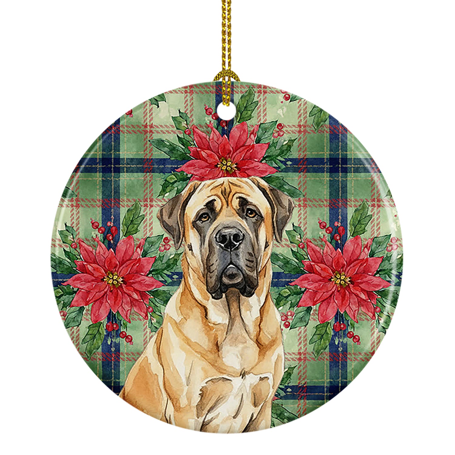 Caroline's Treasures Fawn English Mastiff Christmas PoinsettIas Ceramic Ornament
