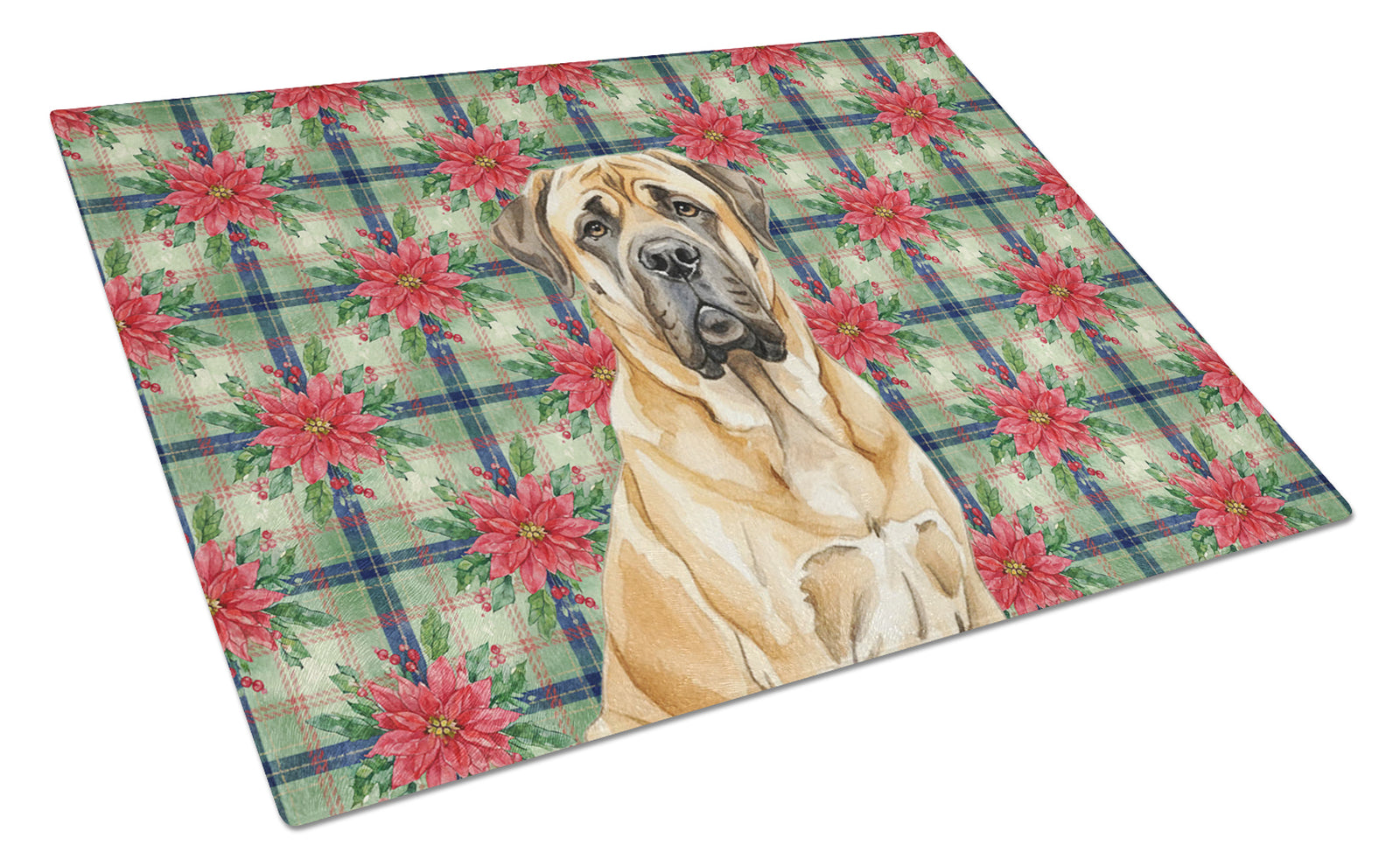 Caroline's Treasures Fawn English Mastiff Christmas PoinsettIas Glass Cutting Board