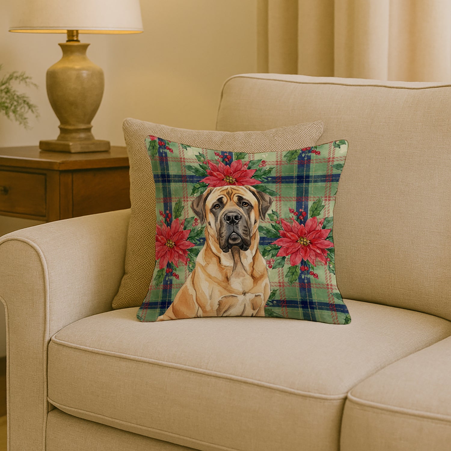 Caroline's Treasures Fawn English Mastiff Christmas PoinsettIas Throw Pillow