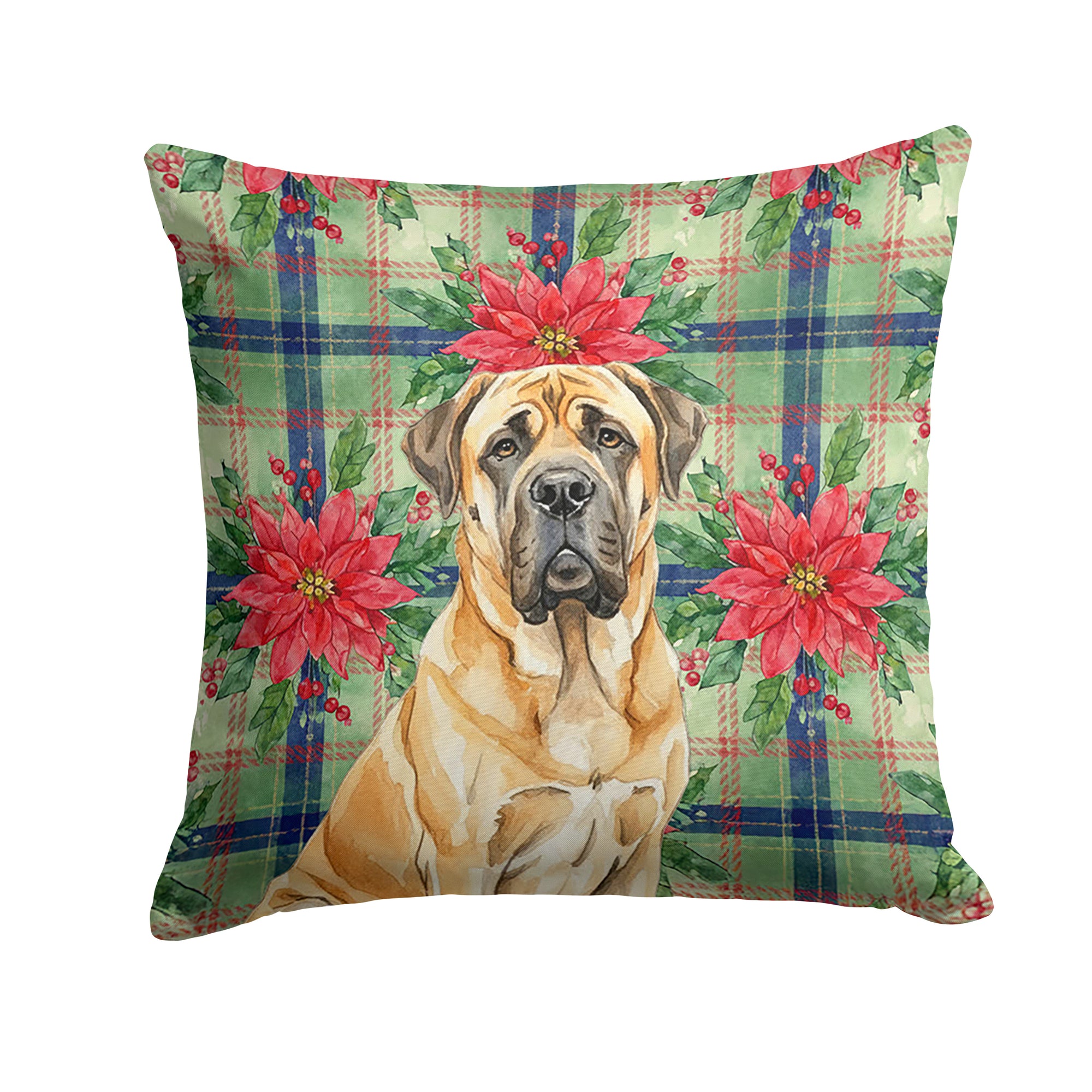 Caroline's Treasures Fawn English Mastiff Christmas PoinsettIas Throw Pillow