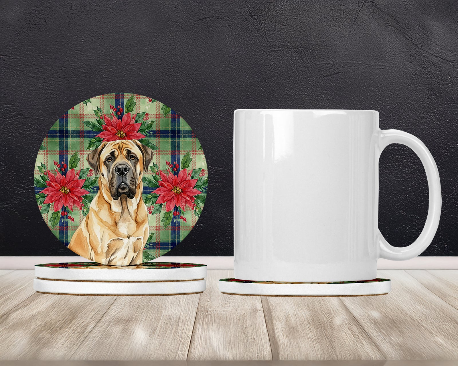 Caroline's Treasures Fawn English Mastiff Christmas PoinsettIas Large Sandstone Coasters Pack of 4