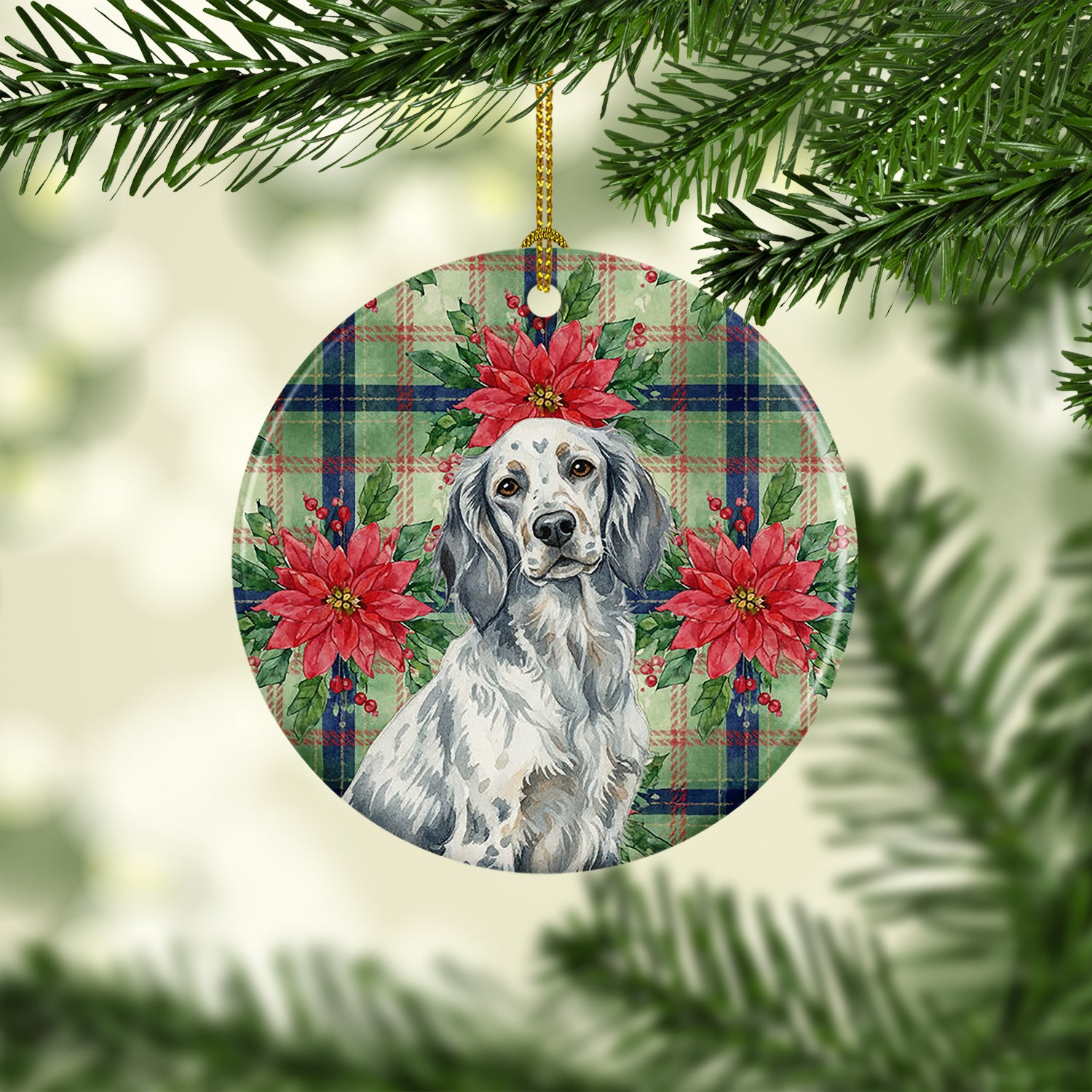 Caroline's Treasures Blue Belton English Setter Christmas PoinsettIas Ceramic Ornament