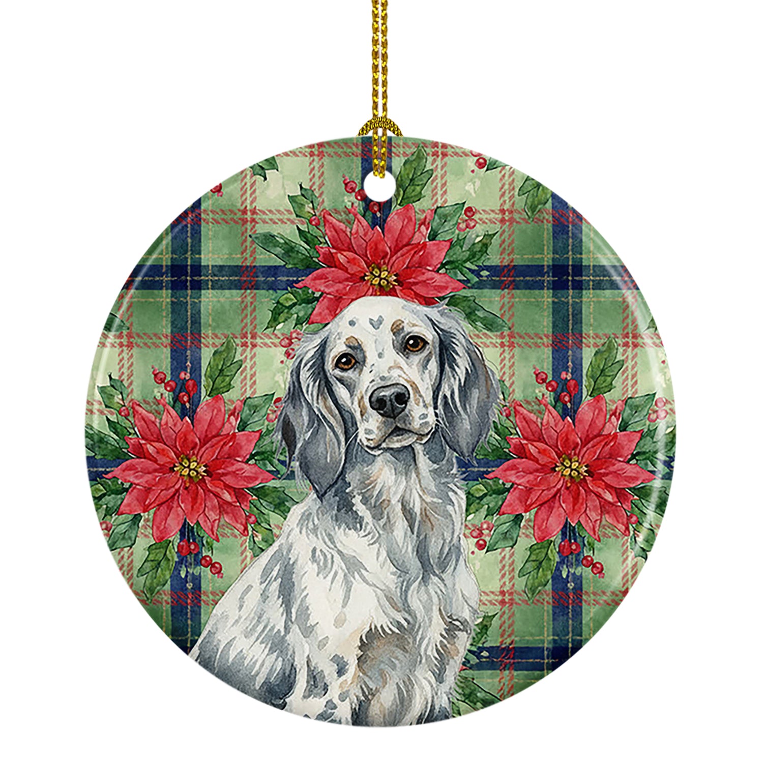 Caroline's Treasures Blue Belton English Setter Christmas PoinsettIas Ceramic Ornament