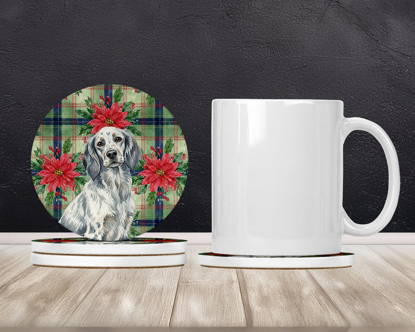 Caroline's Treasures Blue Belton English Setter Christmas PoinsettIas Large Sandstone Coasters Pack of 4