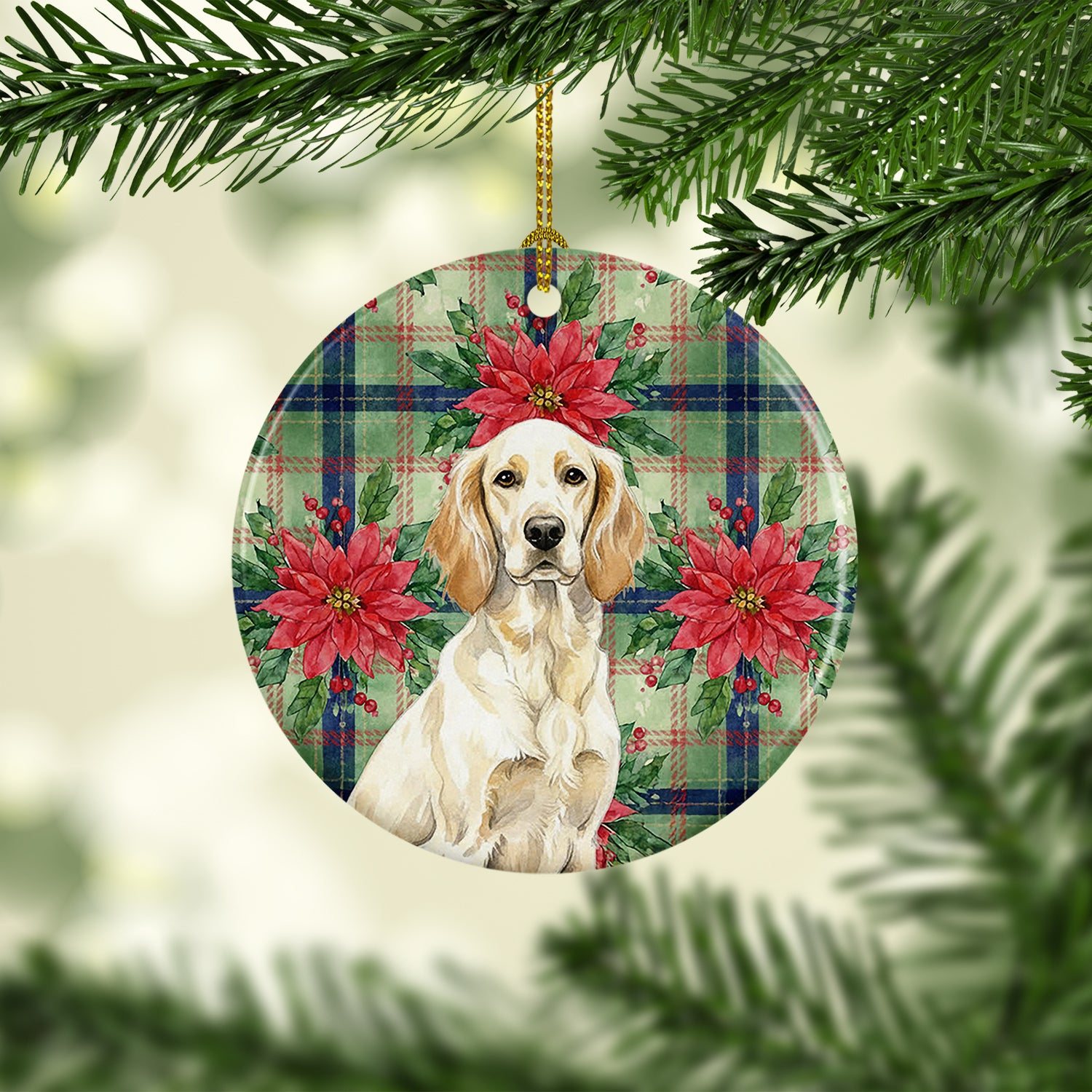Caroline's Treasures Lemon Belton English Setter Christmas PoinsettIas Ceramic Ornament