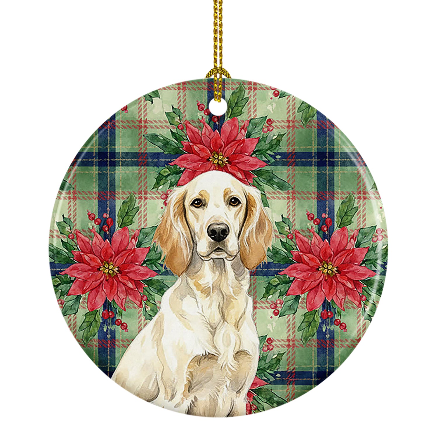 Caroline's Treasures Lemon Belton English Setter Christmas PoinsettIas Ceramic Ornament