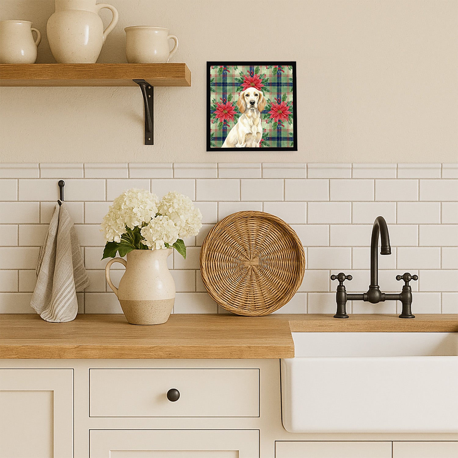 Caroline's Treasures Lemon Belton English Setter Christmas PoinsettIas Framed Metal Print