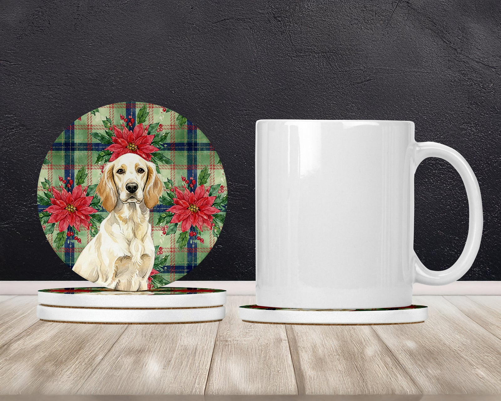 Caroline's Treasures Lemon Belton English Setter Christmas PoinsettIas Large Sandstone Coasters Pack of 4