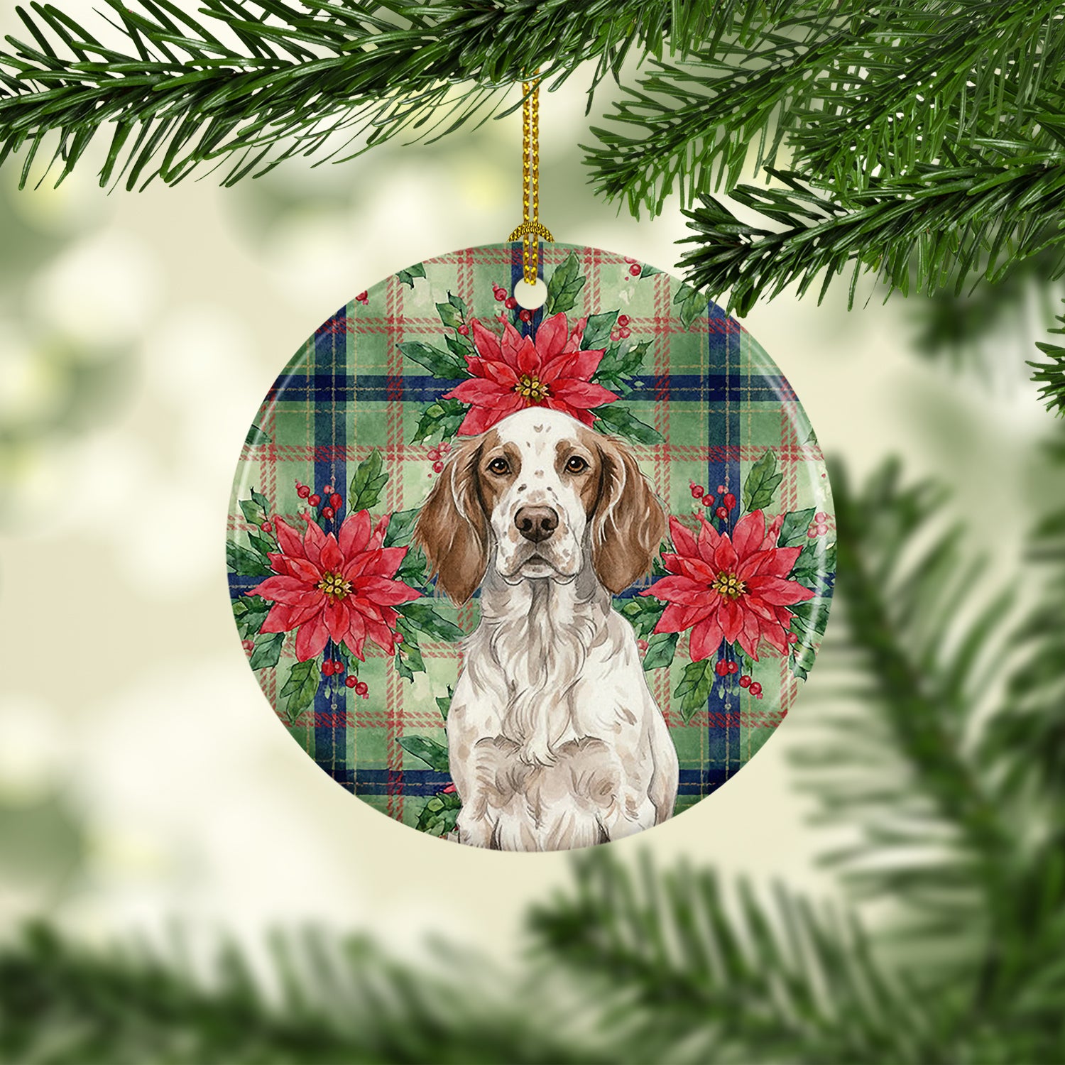 Caroline's Treasures Liver Belton English Setter Christmas PoinsettIas Ceramic Ornament