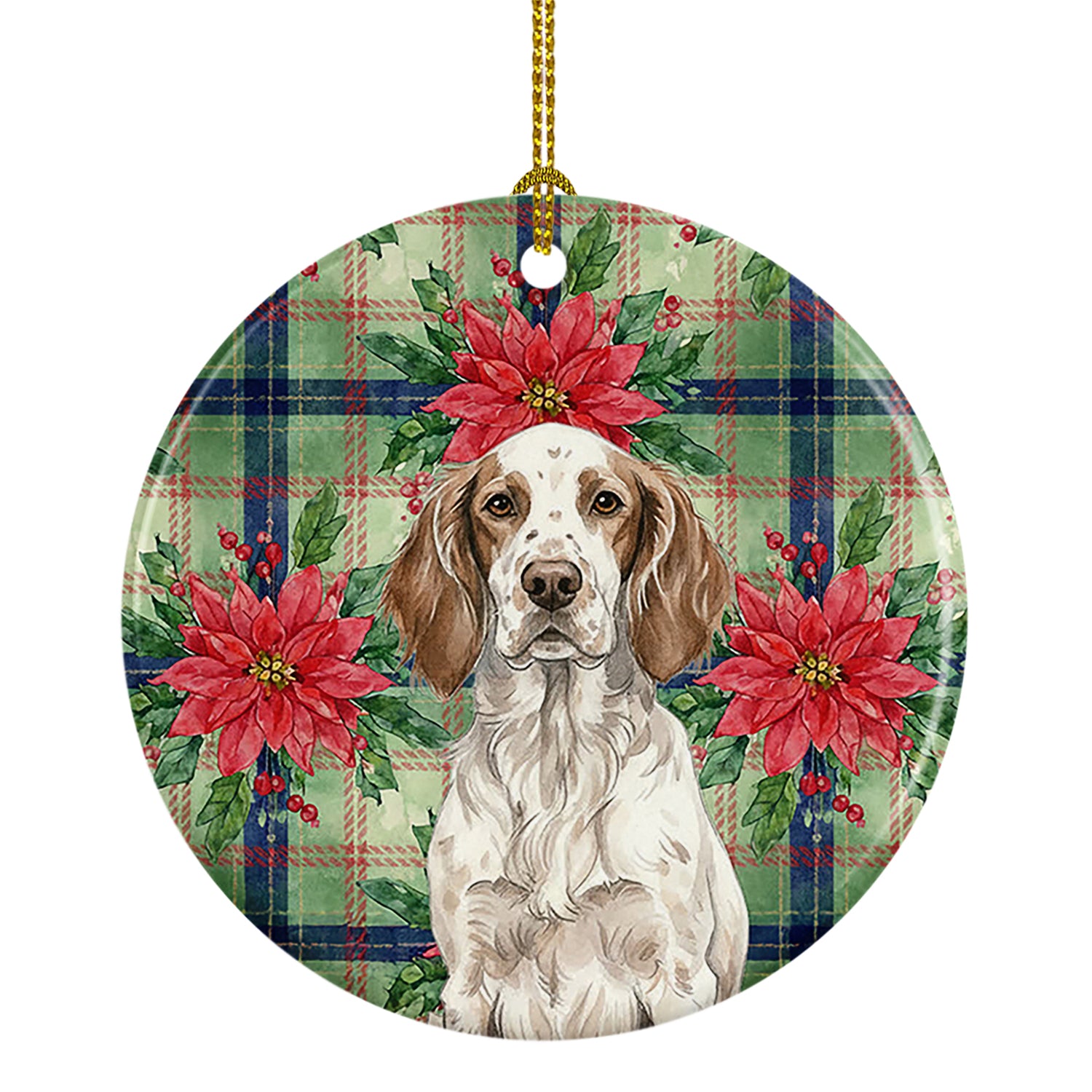 Caroline's Treasures Liver Belton English Setter Christmas PoinsettIas Ceramic Ornament
