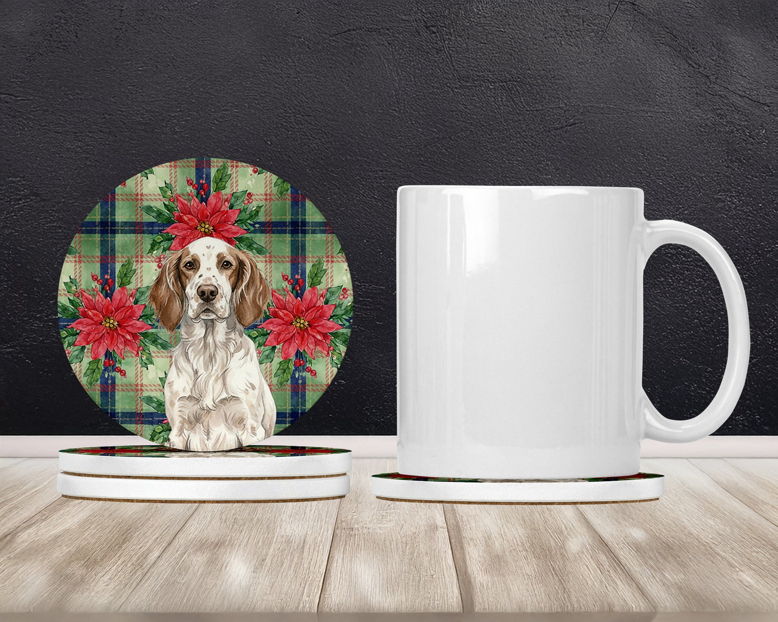 Caroline's Treasures Liver Belton English Setter Christmas PoinsettIas Large Sandstone Coasters Pack of 4